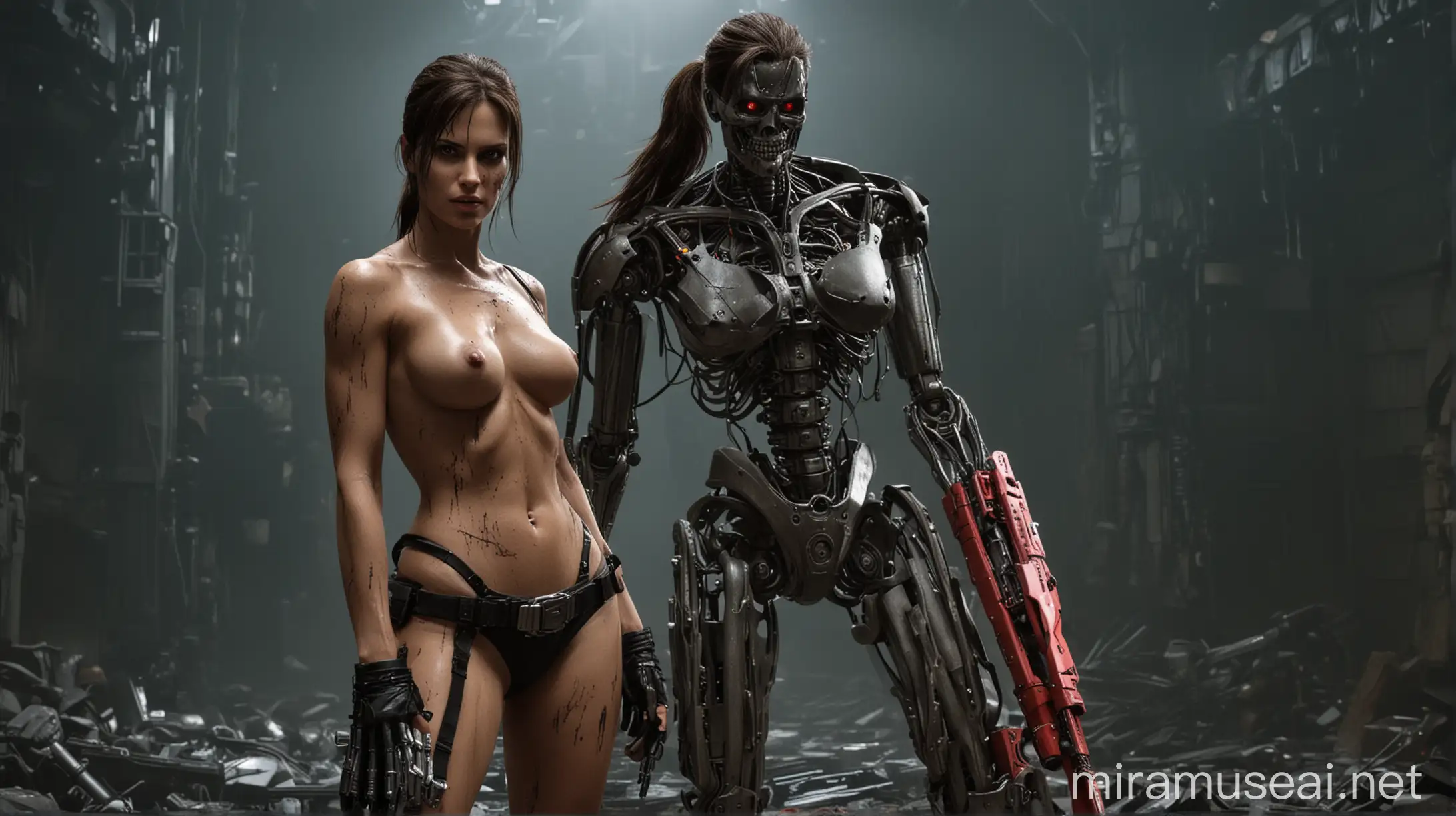Lara Croft Terminator Fusion Cybernetic Nude Warrior in Futuristic Landscape
