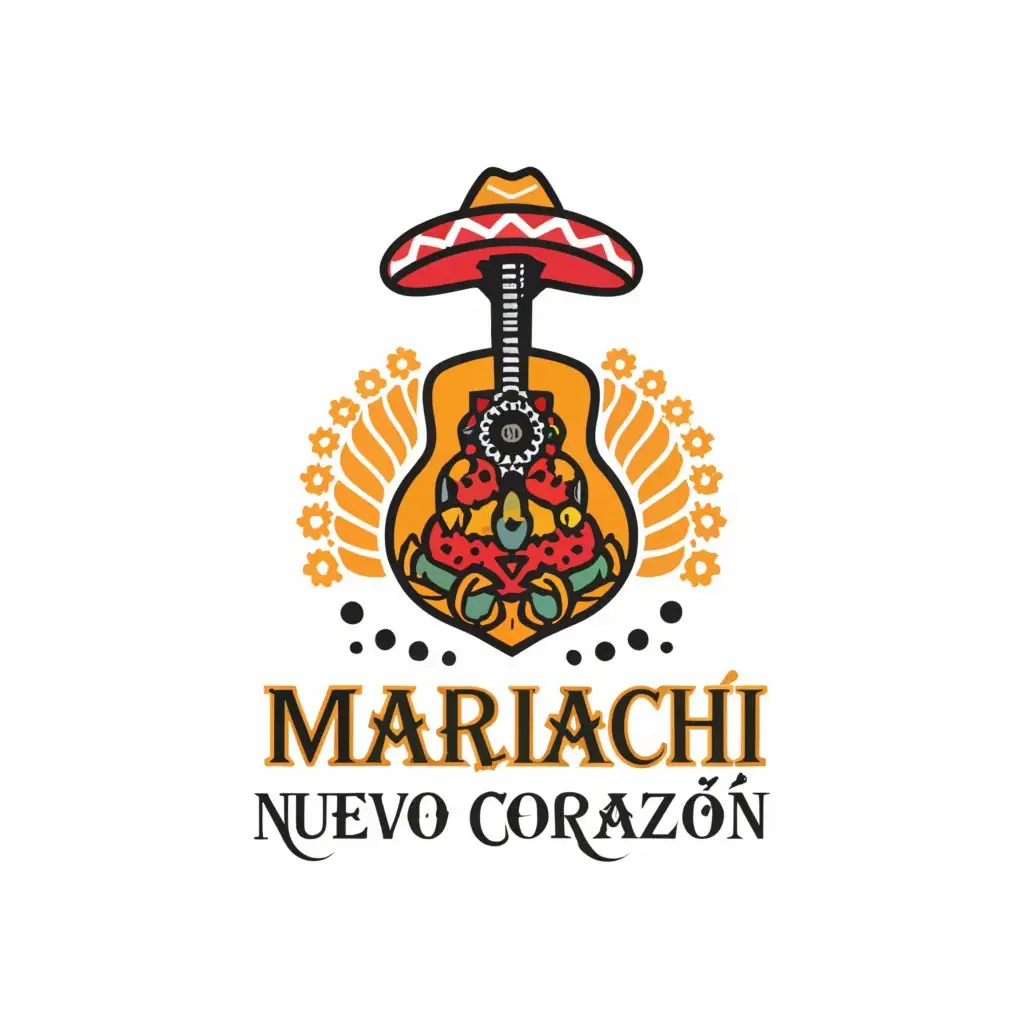 a logo design,with the text "Mariachi Nuevo Corazón", main symbol:guitar, accordion charro hat,complex,be used in Entertainment industry,clear background