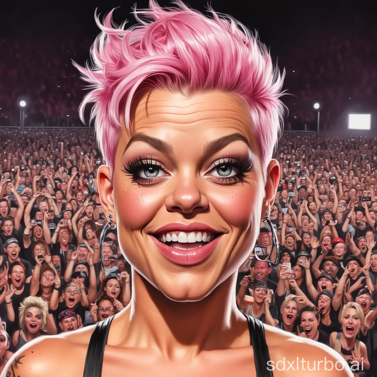 A wonderfully drawn (((caricature))) of the iconic pop star P!nk, exaggerated features and expressions, bringing her signature style and personality to life as she performs on a massive (((stage))) at a joyous, sell-out arena concert, with an enthusiastic crowd gathered below
