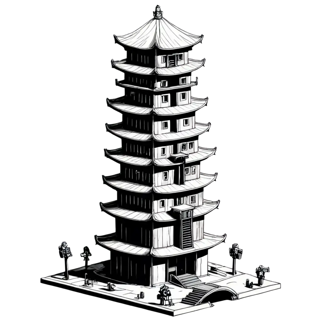 Isometric-Cyberpunk-Towers-Black-and-White-Comic-Book-Samurai-Style-PNG-Image