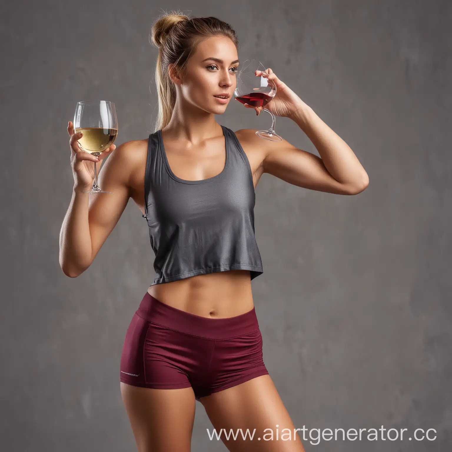 A girl athlete in a sporty style with a glass of wine