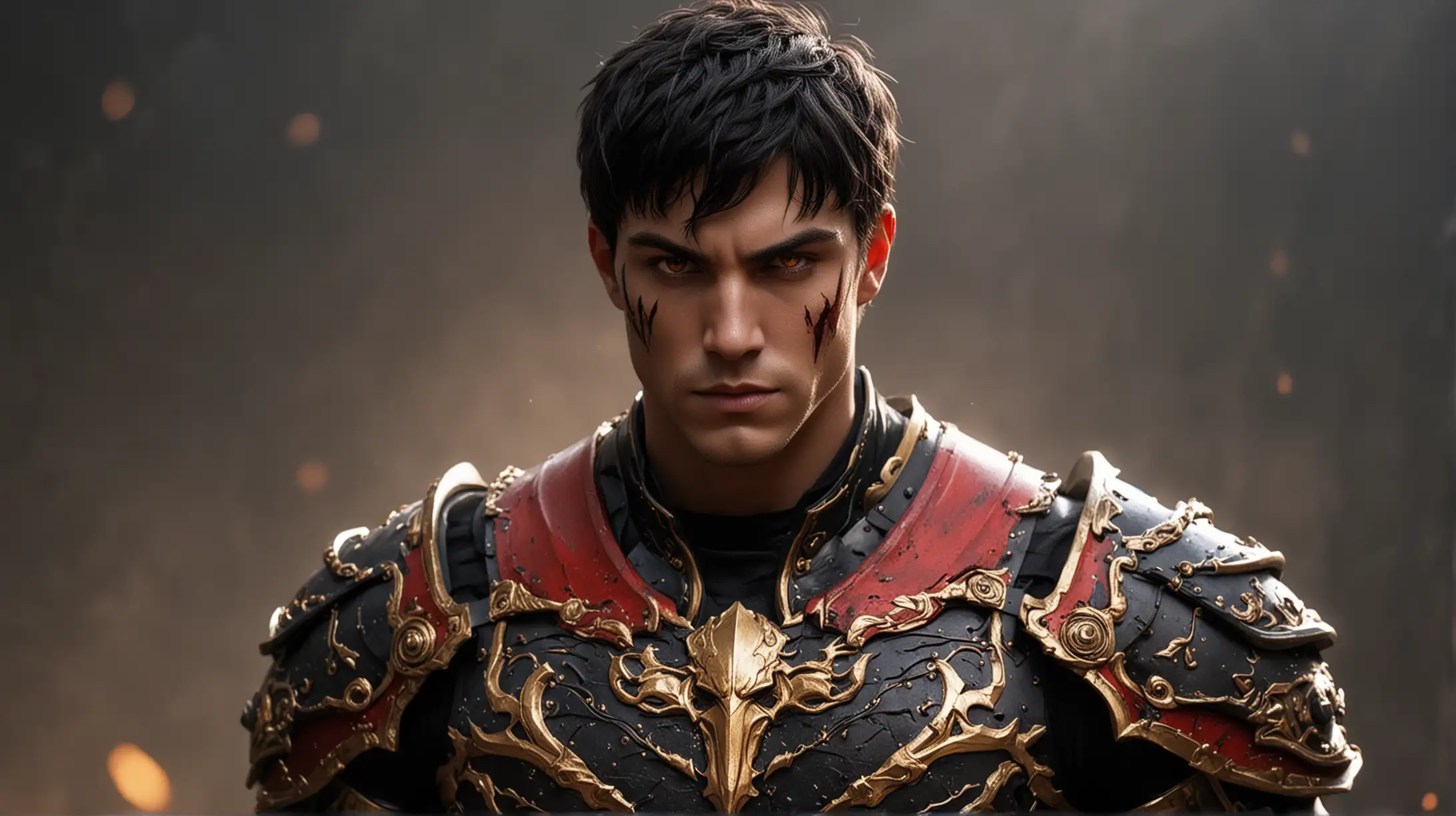 A beautiful man wearing red and black armor, has muscles, with short dark hair, gold glowing eyes