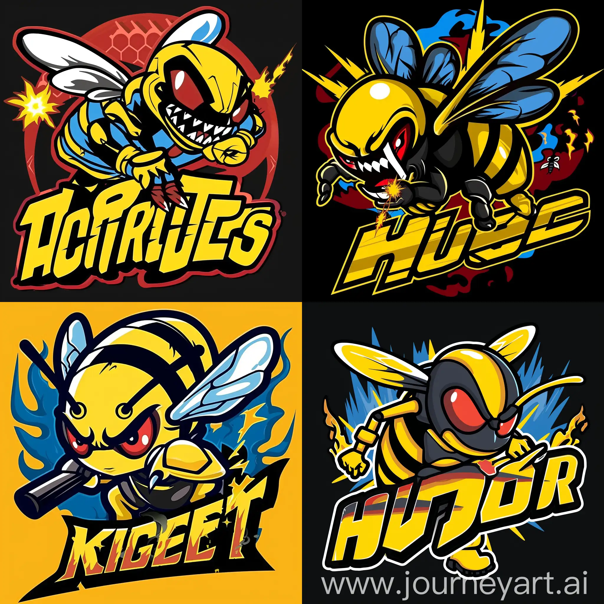 The mascot is a logo of an angry bee with red eyes, bright yellow and black stripes on its body and wings. The bee is upright in an attacking position, and carries the traditional West Javanese weapon of the kujang. You can add sparks or whirlwinds around him to accentuate his evil appearance. The logo is made in bright colors - yellow, black and red, so that it stands out on the athlete's uniform and attracts the attention of the audience.