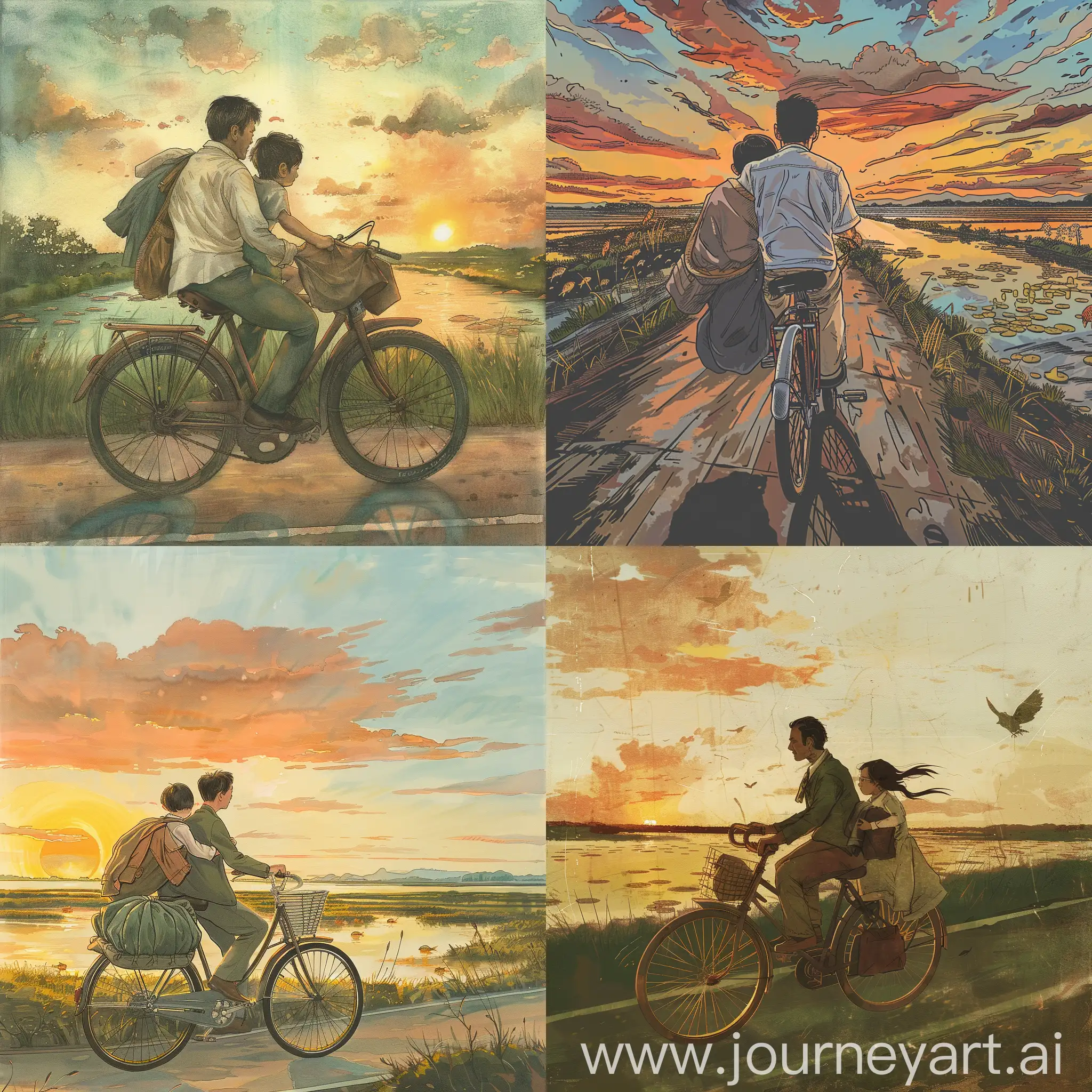 Father-and-Child-Riding-Vintage-Bicycle-by-Sunset-Fish-Ponds