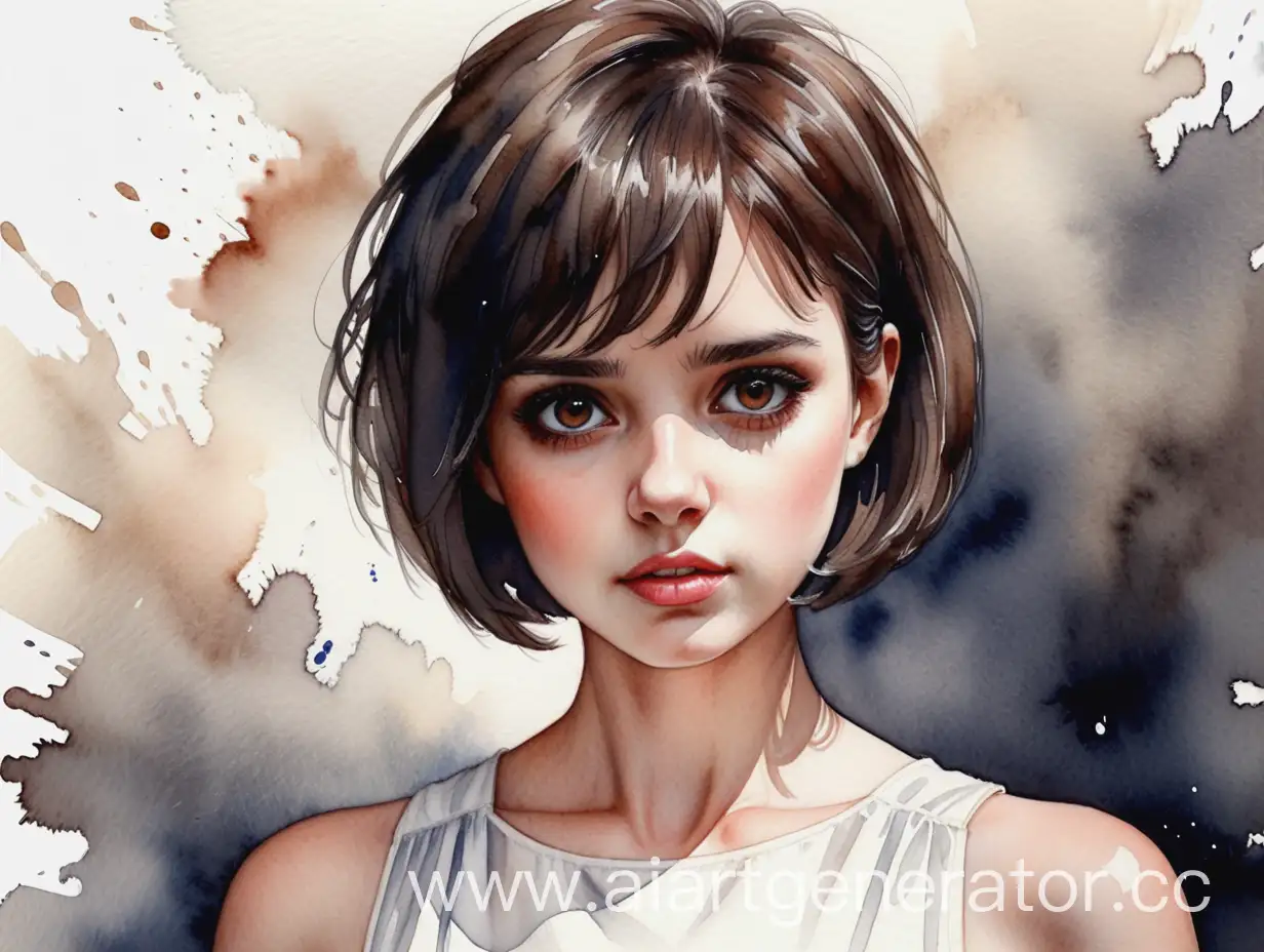 Captivating-ShortHaired-Girl-in-White-Dress-Realistic-English-Watercolor-Portrait