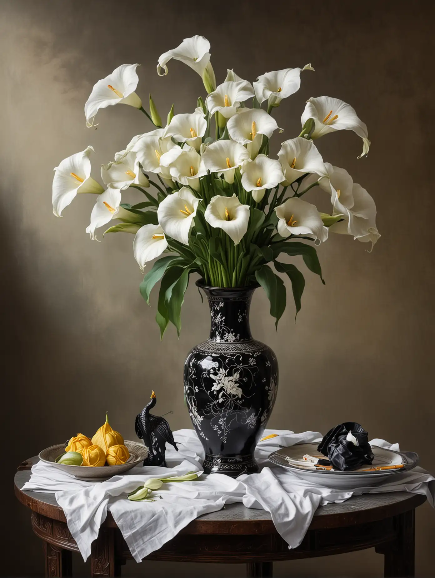 A STILL LIFE PAINTING, WITH A BLACK ORIENTAL VASE, DECORATED WITH CRANE BIRDS,  VASE CONTAINING GIGANTIC WHITE CALLA LILIES SHOW ONE SMALL  FOLDED NAPKIN ON THE TABLE,  ONLY ONE VASE  ON THE TABLE