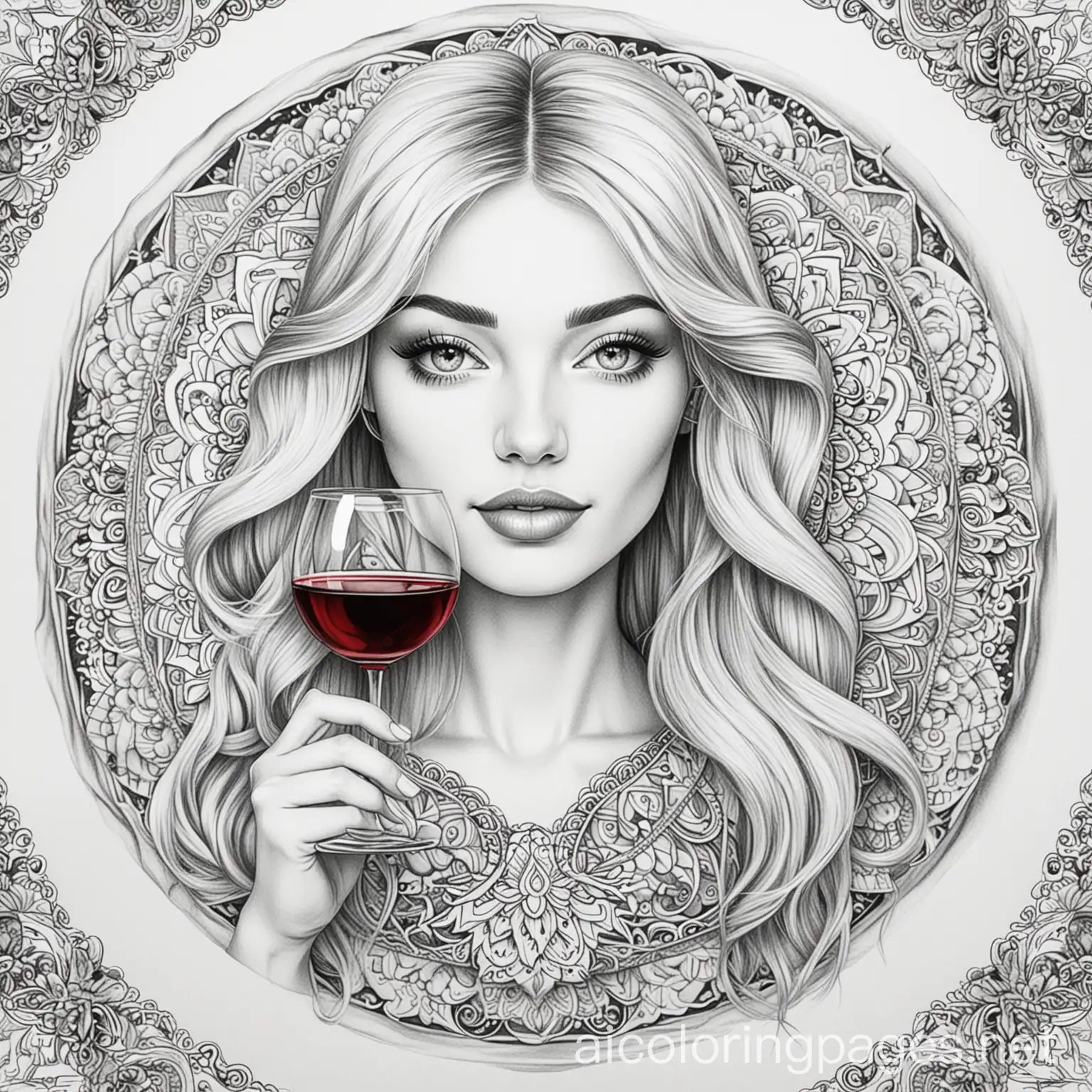 mandala for coloring of woman with long blonde hair with a glass of red wine, Coloring Page, black and white, line art, white background, Simplicity, Ample White Space