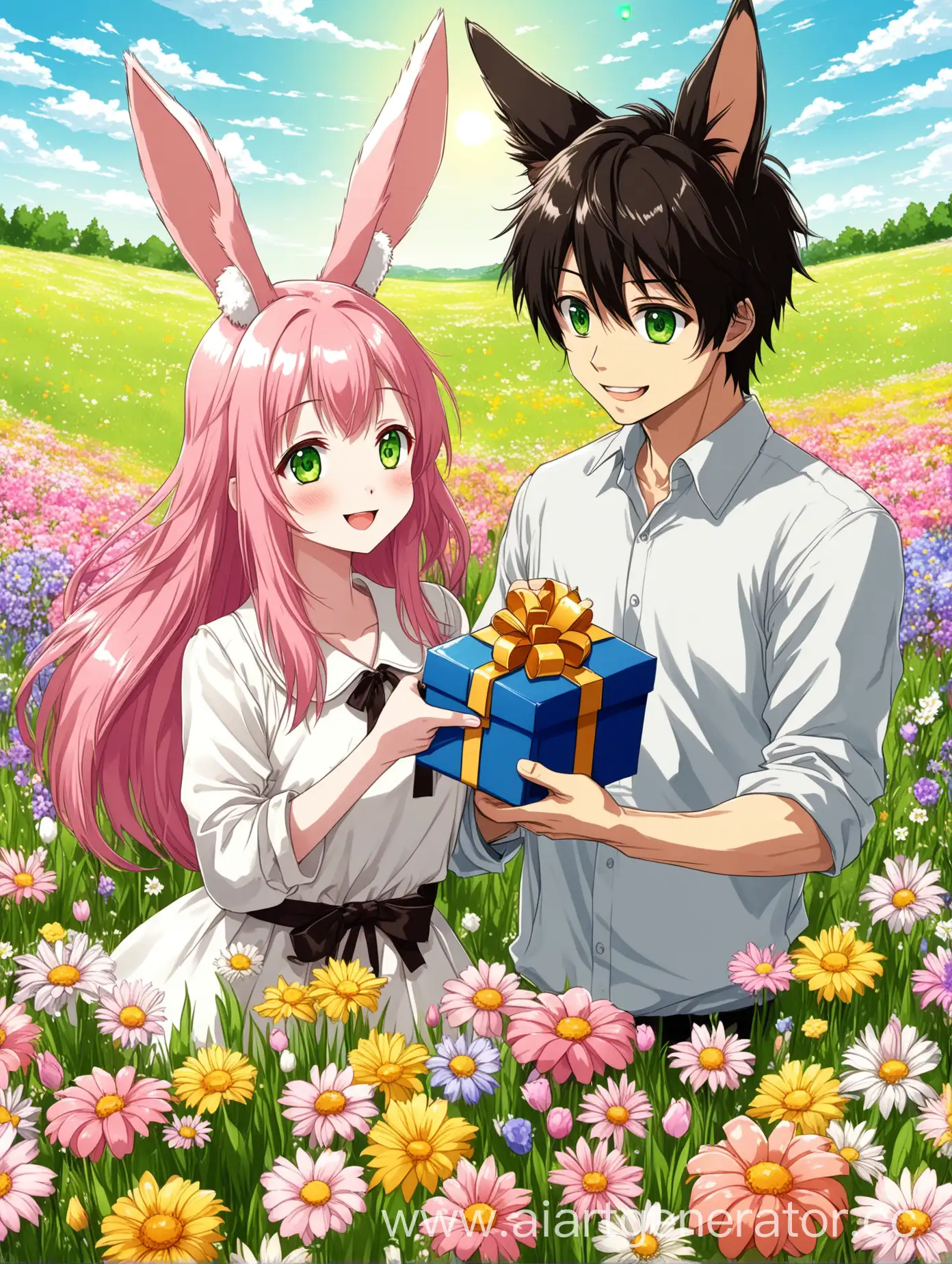 Adorable-Anime-Rabbit-Girl-Congratulates-FoxEared-Guy-on-Birthday-in-Flower-Field-with-Gift