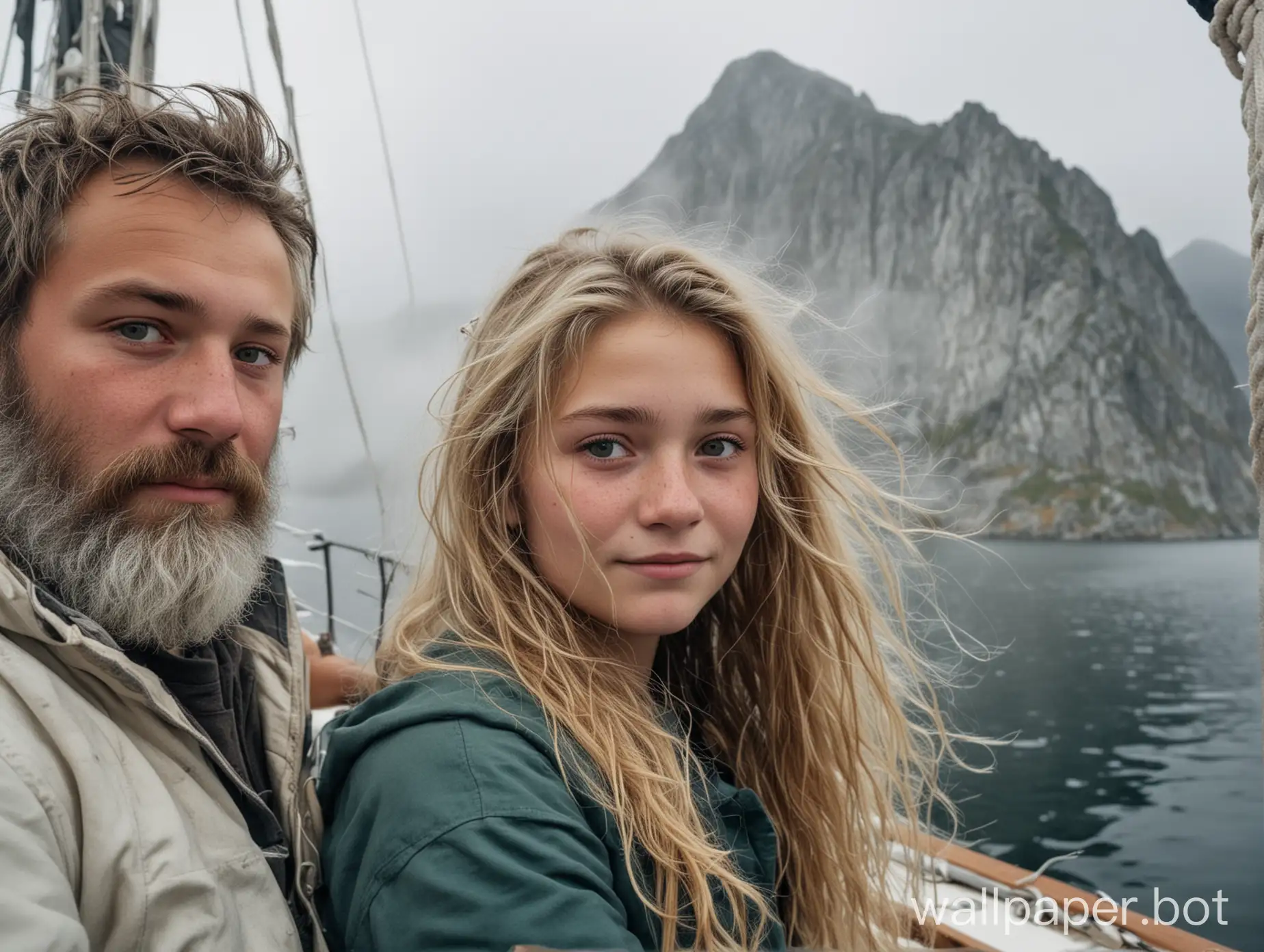 a blonde 14 year old girl with messy hair, long and brown eyes and few freckles sits with a 40 year old man with a beard on a sailboat, a lot of fog, mountains in the background, Scandinavia, perspective from far away