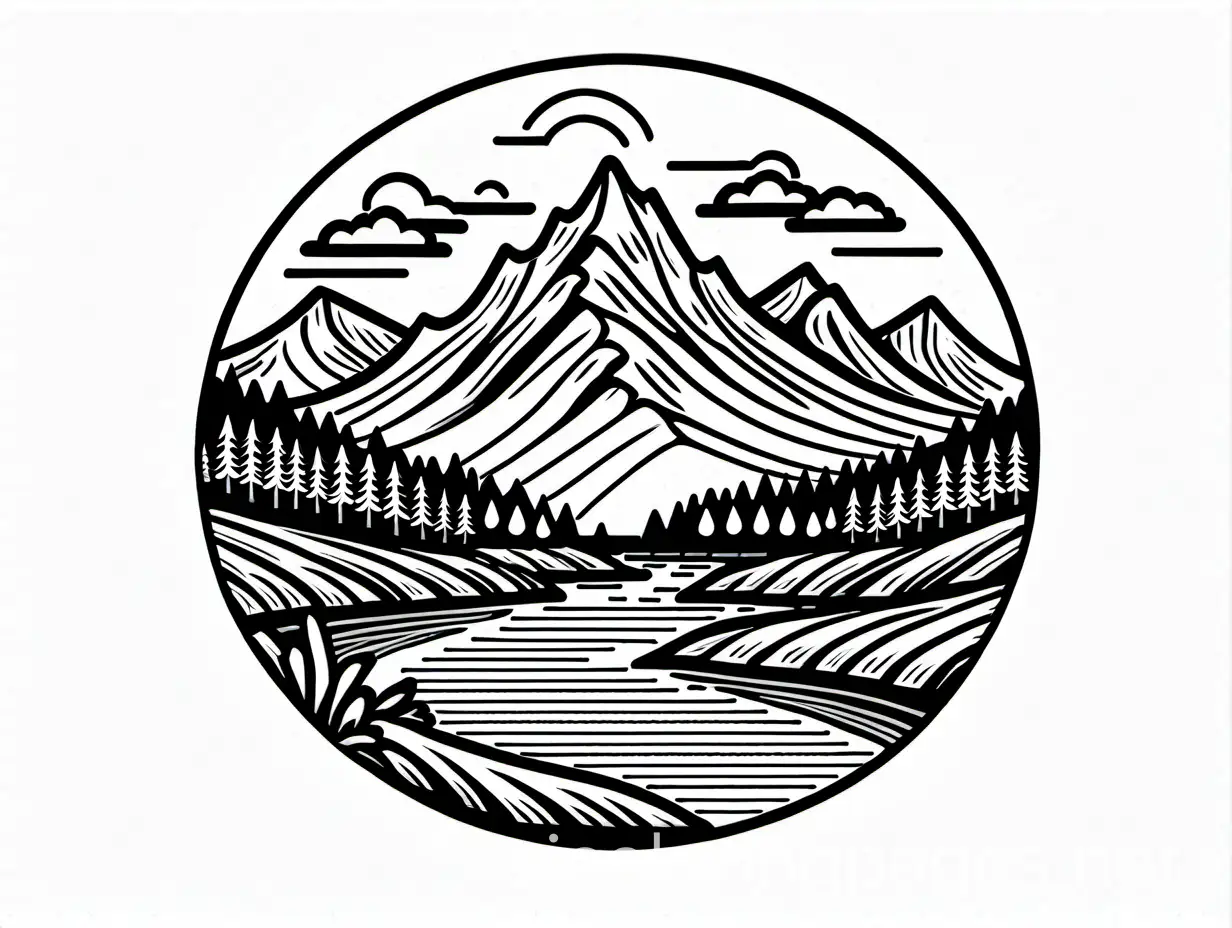 Mountain with river and lake in badge, Coloring Page, black and white, line art, white background, Simplicity, Ample White Space. The background of the coloring page is plain white to make it easy for young children to color within the lines. The outlines of all the subjects are easy to distinguish, making it simple for kids to color without too much difficulty