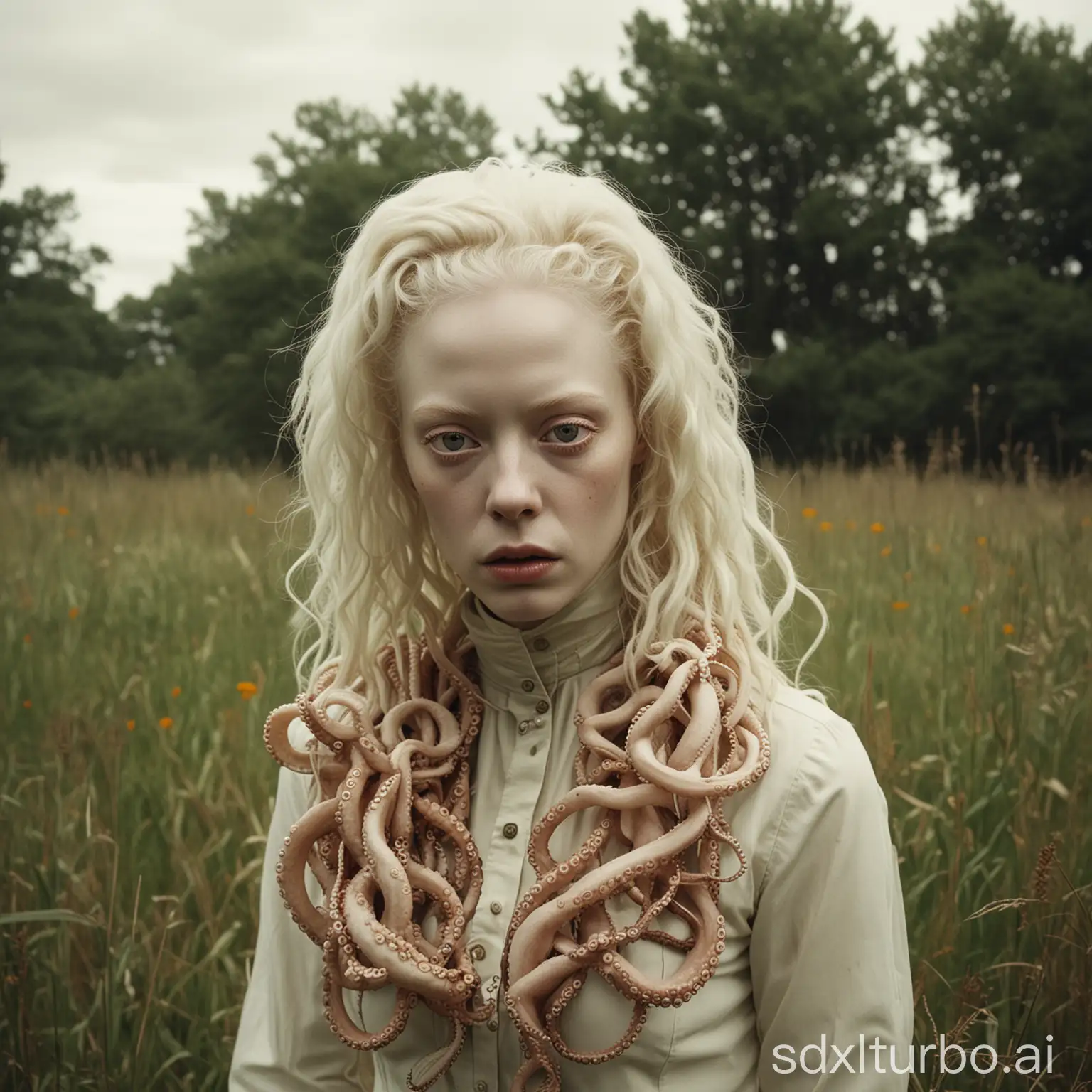 Portrait photography, early 1970's esthetics, sinister menacing albino female, octopus head, vintage clothes, in meadow, unsettling environment, color palette dominated by muted, earthy tone, experimental horror film style, adds an intriguing and otherworldly element, natural light, stressful environment, nature photography, cinematic film rendering, full grained image evokes sense of yesteryear, heavy grained filter, RAW style