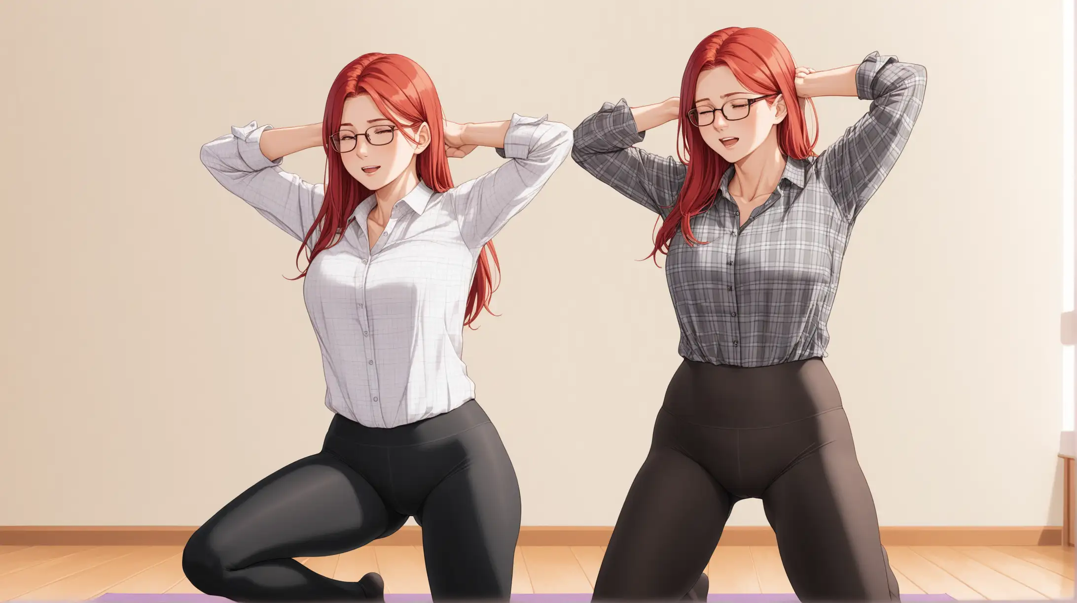 Two Mature Red Haired Sisters, one wearing glasses, one wearing an untucked stretch plaid button down shirt, tight black leggings, stretches arms high for the Yoga Overhead Squat, the other sister, wearing an untucked white button down shirt, Gray Pantyhose, stands behind her, gently tickling her sister's ribs as they go down together.