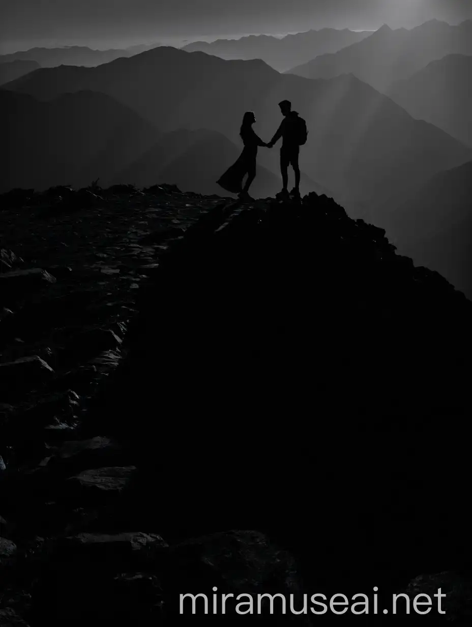 Silhouettes of a Girl and Boy Embracing on Mountain Summit