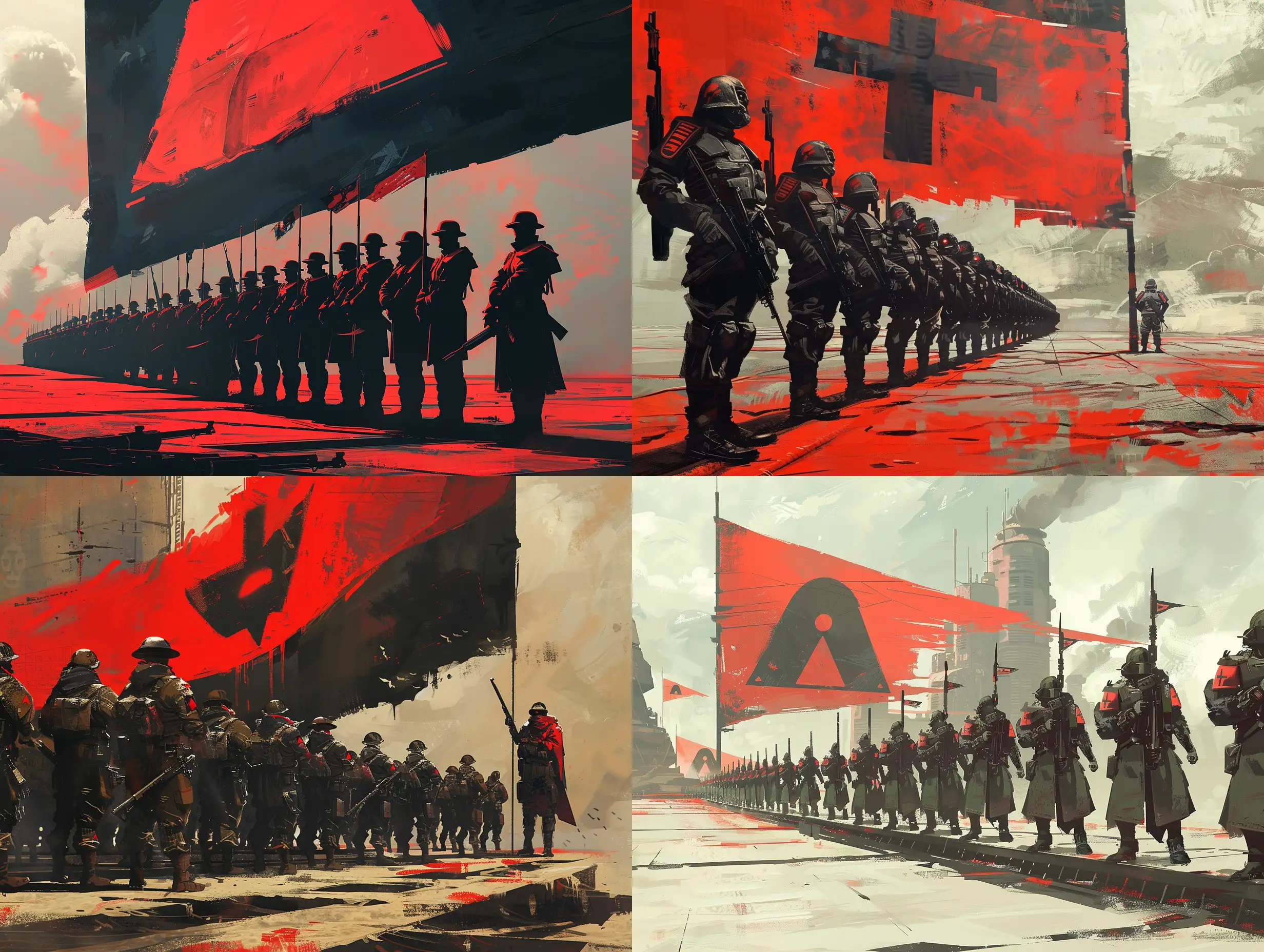 一排柴油朋克风格的士兵，站在巨大的广场上，他们身后是一面巨大的，红黑相间的旗帜，旗帜透露着一股威严感