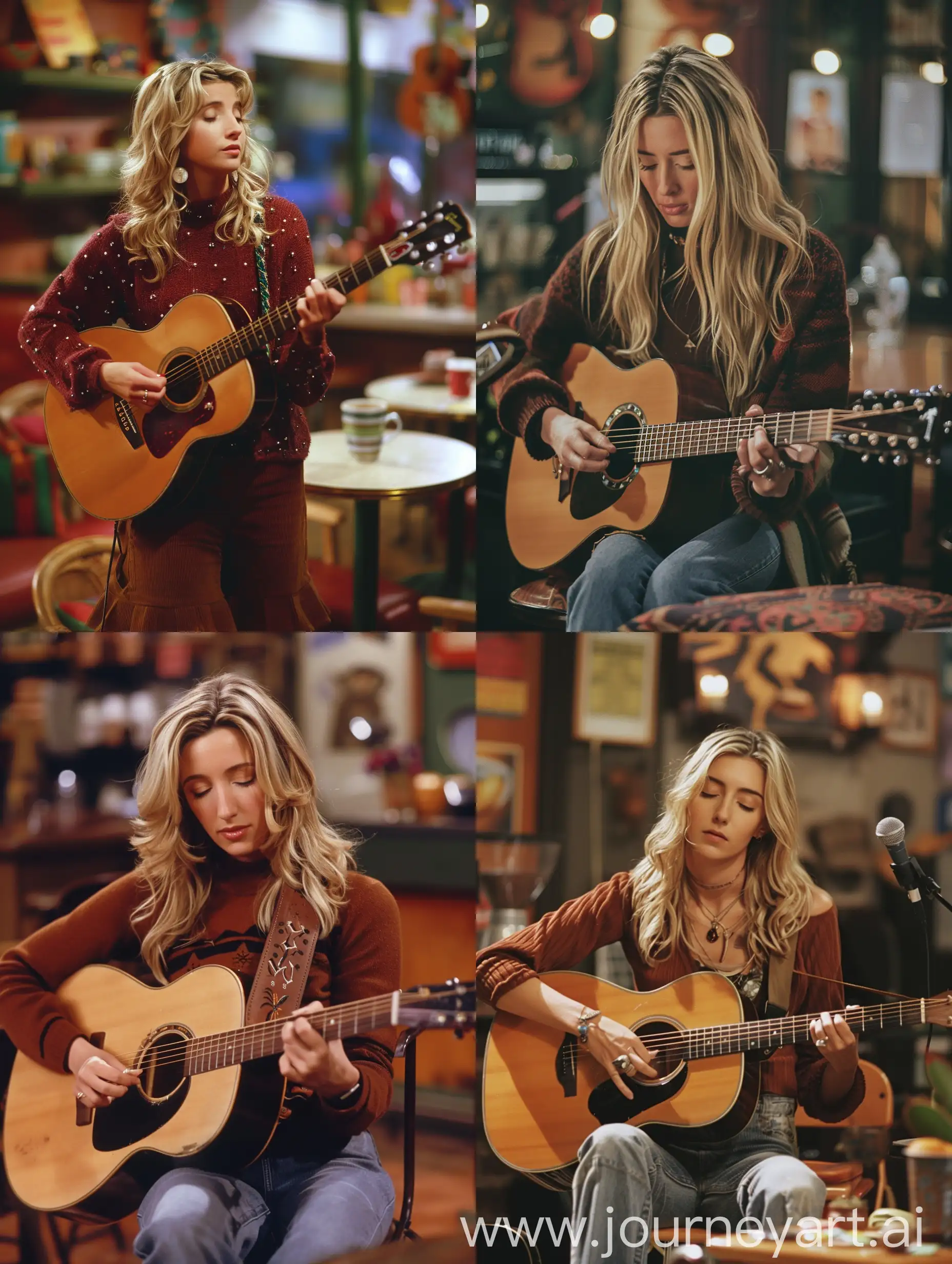 blonde phoebe buffay playing guitar on central perk coffee shop, enhanced by 1950's super panavision 70 ,colory image