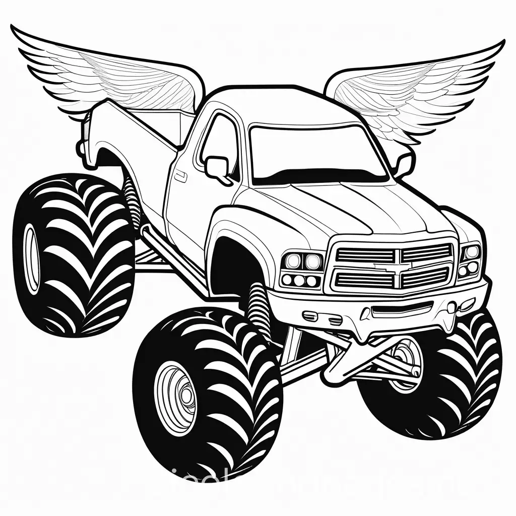 Monster truck with angel wings, Coloring Page, black and white, line art, white background, Simplicity, Ample White Space. The background of the coloring page is plain white to make it easy for young children to color within the lines. The outlines of all the subjects are easy to distinguish, making it simple for kids to color without too much difficulty
