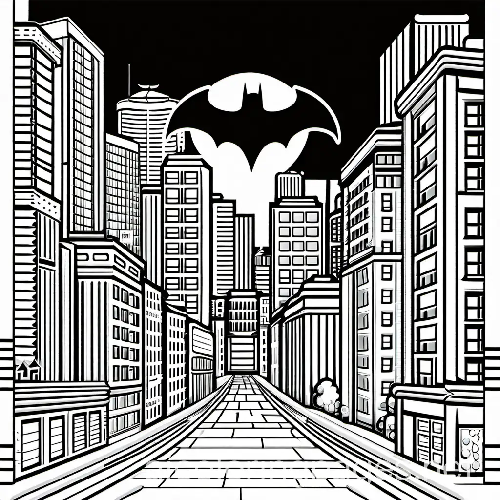 BATMAN IN THE TOWN, Coloring Page, black and white, line art, white background, Simplicity, Ample White Space. The background of the coloring page is plain white to make it easy for young children to color within the lines. The outlines of all the subjects are easy to distinguish, making it simple for kids to color without too much difficulty 