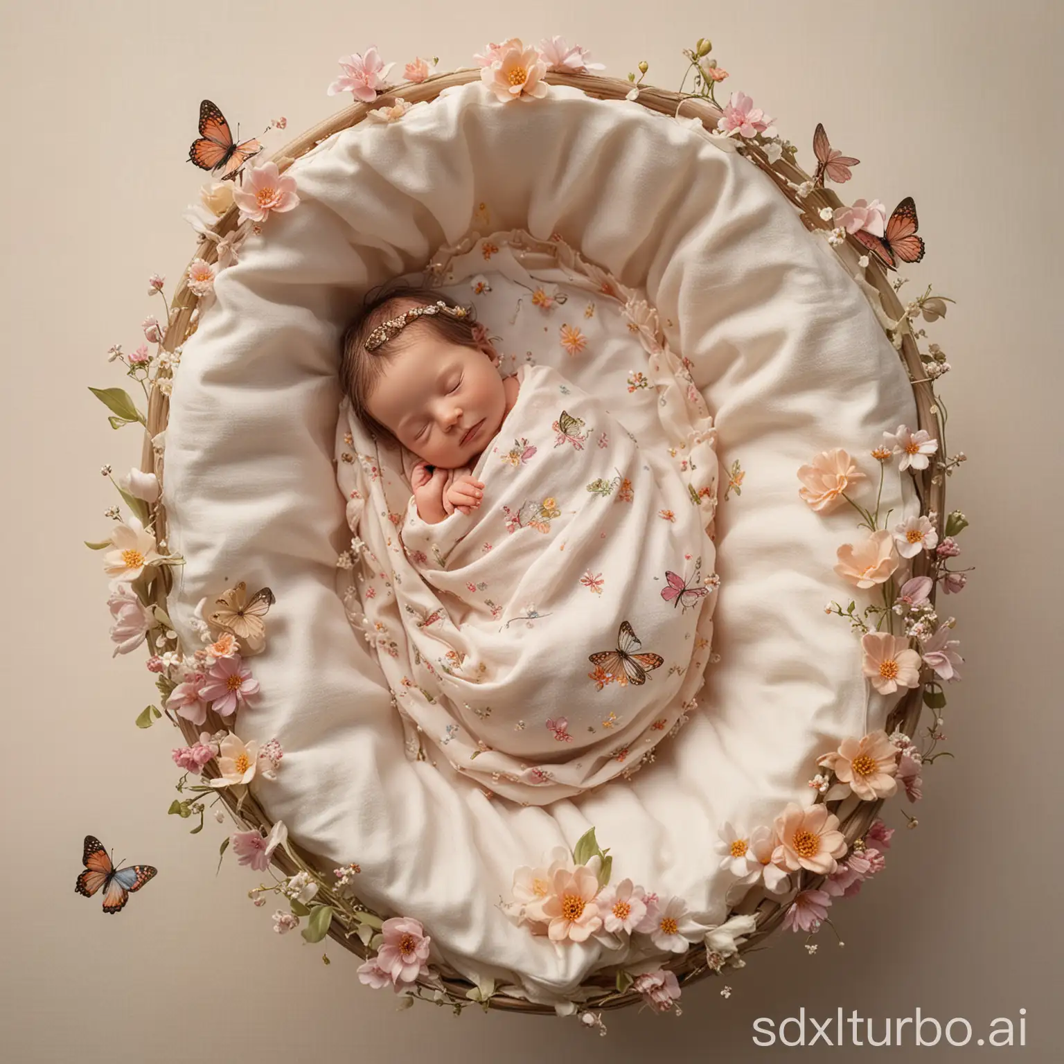 Die kleine Fee: Ein Neugeborenes schläft in einer Wiege, die wie ein Blütenkelch gestaltet ist. Eingehüllt in duftende, blütenweiche Bettwäsche, träumt es unter schwebenden, leuchtenden Feen, die Sternenstaub streuen. Ein Plüsch-Schmetterling liegt schützend neben ihm.