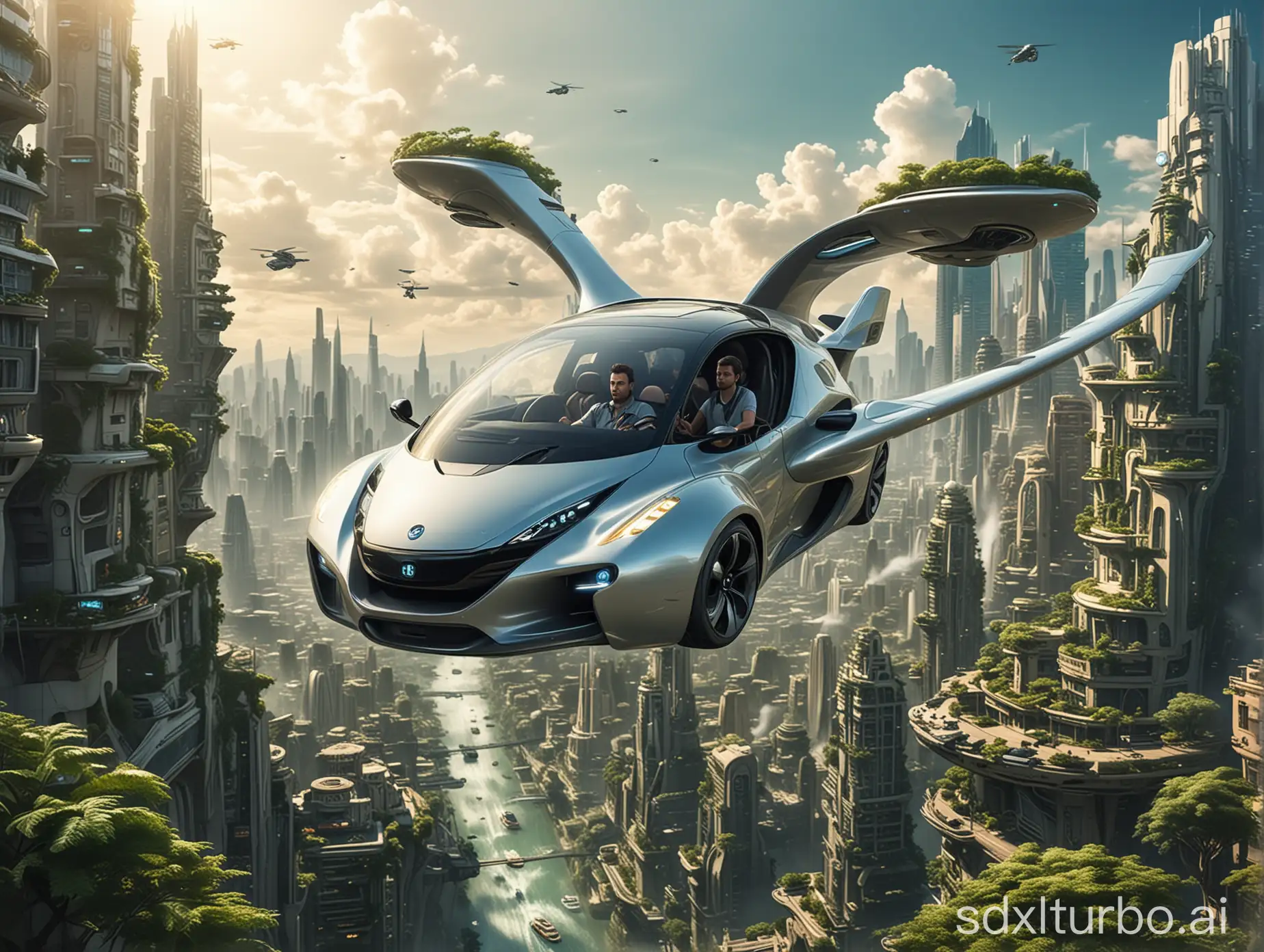 In a future city, a man returns home from work, sitting in a flying car flying over the futuristic technological city. The city should be full of a sense of technology, with architectural firms and neat vegetation. There should be a sense of technology and science fiction, with more details about the interior of the flying car.