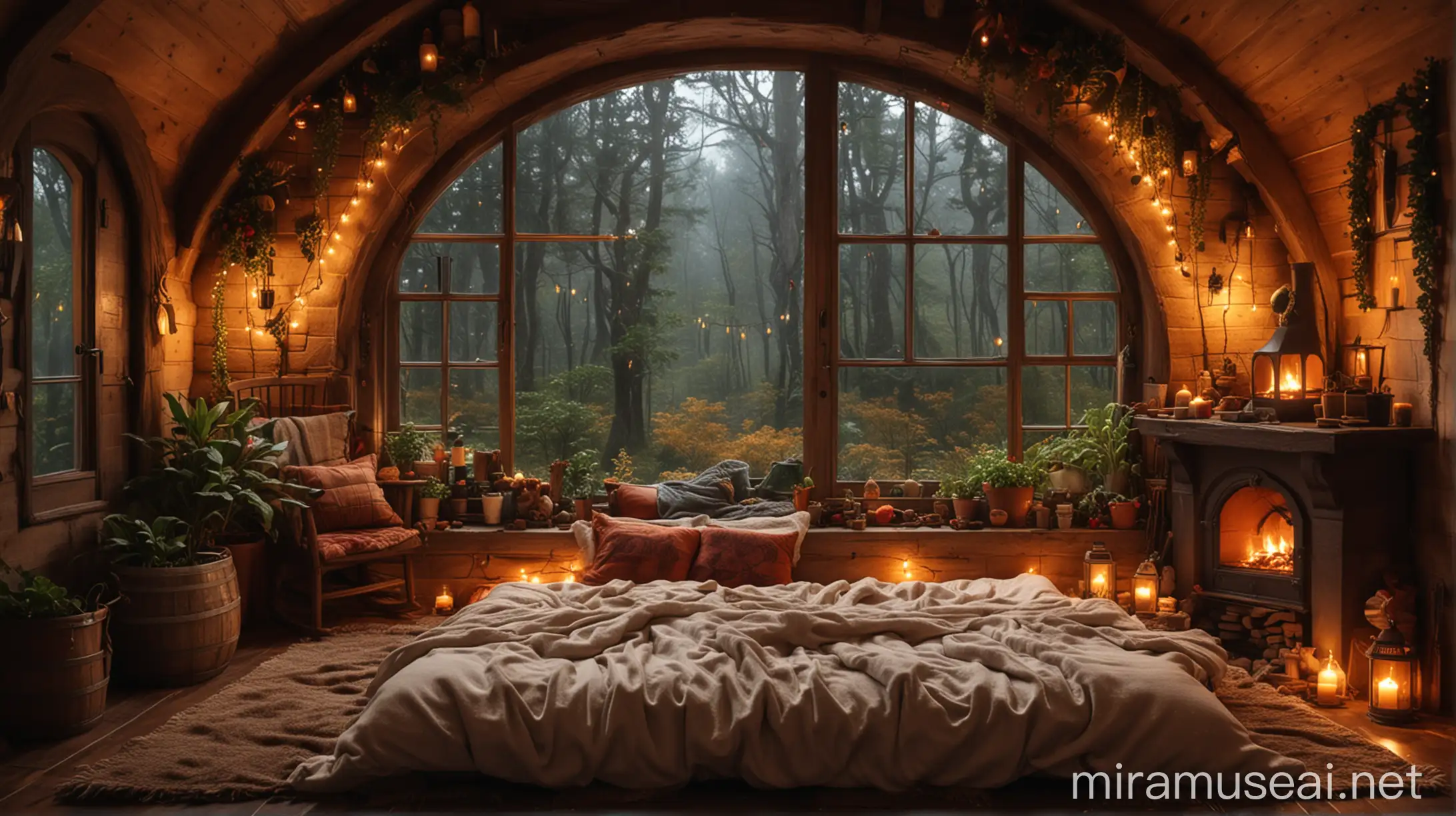 Cozy hobbit room, with two small cozy plants, pillows, string lights, blankets, fireplace box, big window with a rainy fall night deep forest view., Mysterious with fireplace box sia view
