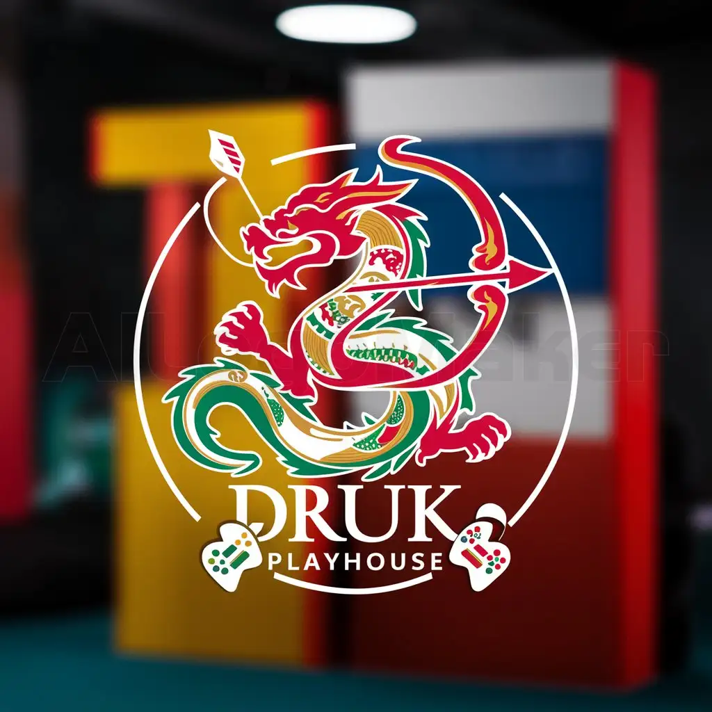 a logo design,with the text 'Druk Playhouse', main symbol:A stylized dragon intertwined with a traditional Bhutanese bow and arrow, symbolizing archery. Elements of Khuru (traditional Bhutanese dart game) subtly integrated into the dragon’s design. Colors: A combination of vibrant red, green, and gold to represent Bhutanese culture and the vibrancy of games. White plain background. Insert a game controller next to the Druk Playhouse text. The logo should be in a circle, Moderate, be used in Entertainment industry, clear background