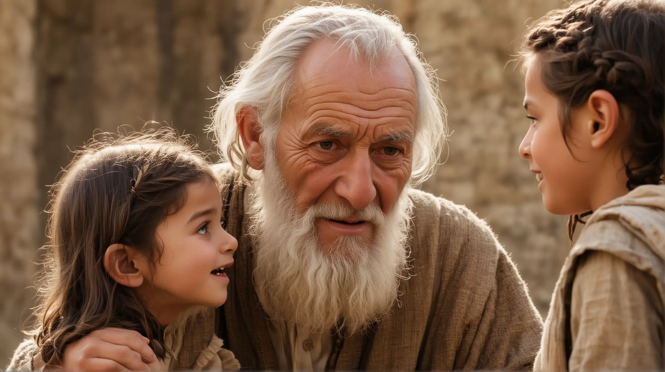 A close up of an old man talking to a child. Set during the Biblical Era of King David.