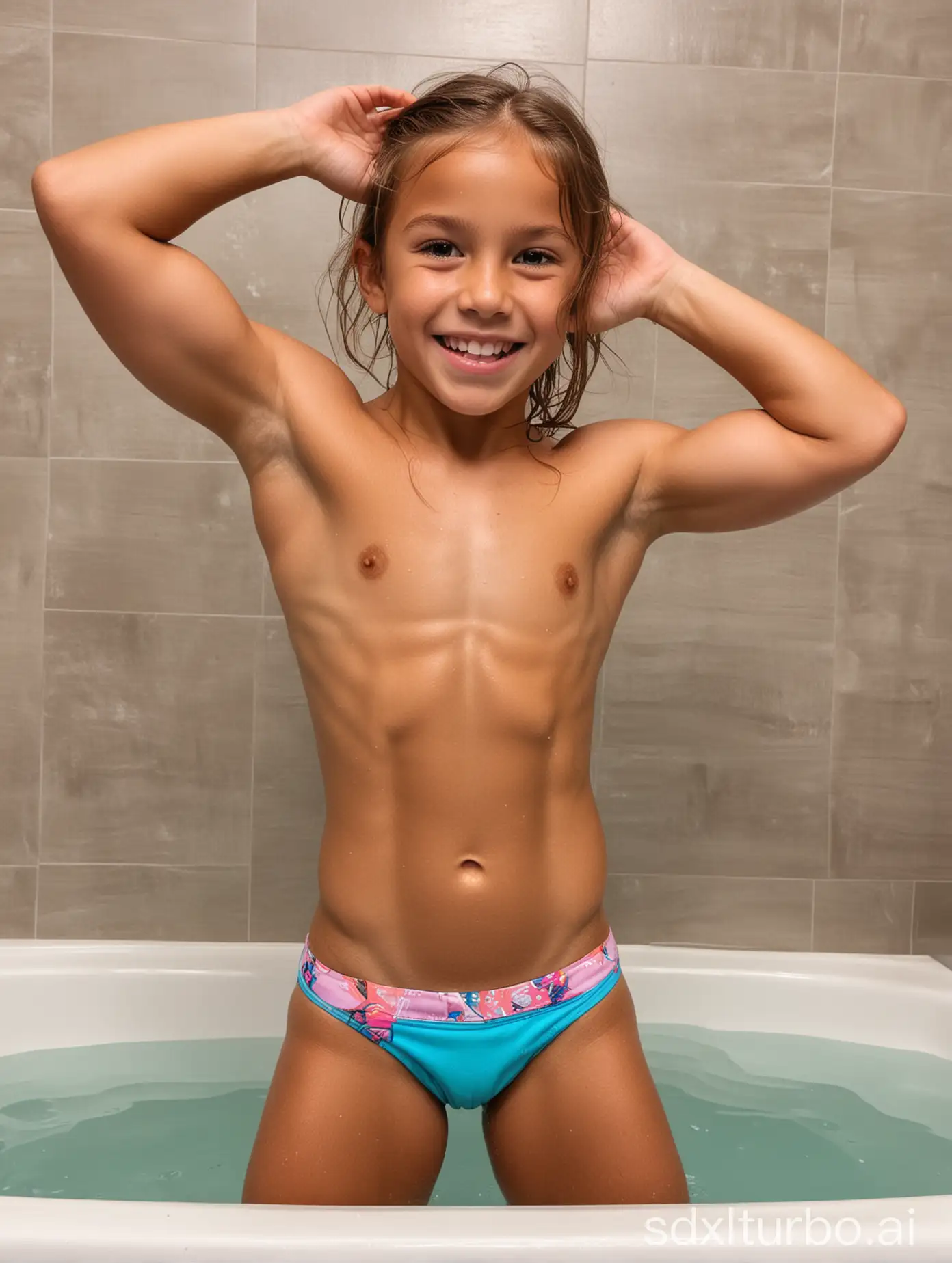 Vaness Paradis at 8 years old, muscular abs, showing her belly, bathing, happy