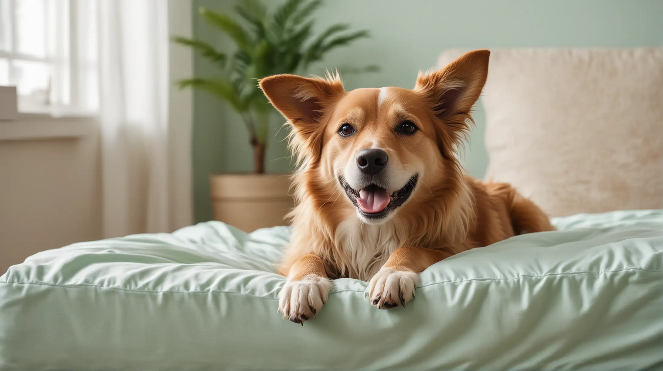 A happy, relaxed dog lying on an orthopedic bed in a high-end home setting. The scene should include colors such as mint, sky bluish, beiges, whites, grass greens, and a splash of bright colors. The image should be 1080px wide and in JPG format, suitable for a website banner