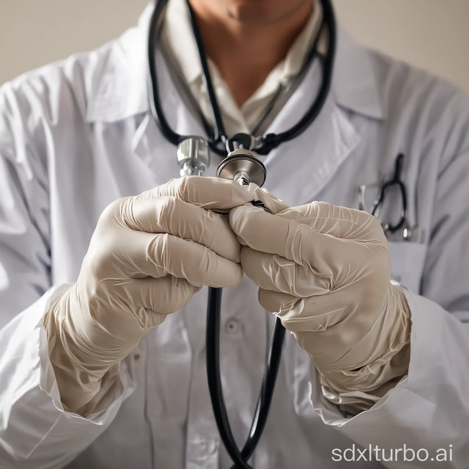 A close-up of a person's hands holding a stethoscope. The hands are wearing white gloves, and the stethoscope is wrapped around the neck. The background is blurred, and the only visible light is coming from the stethoscope.