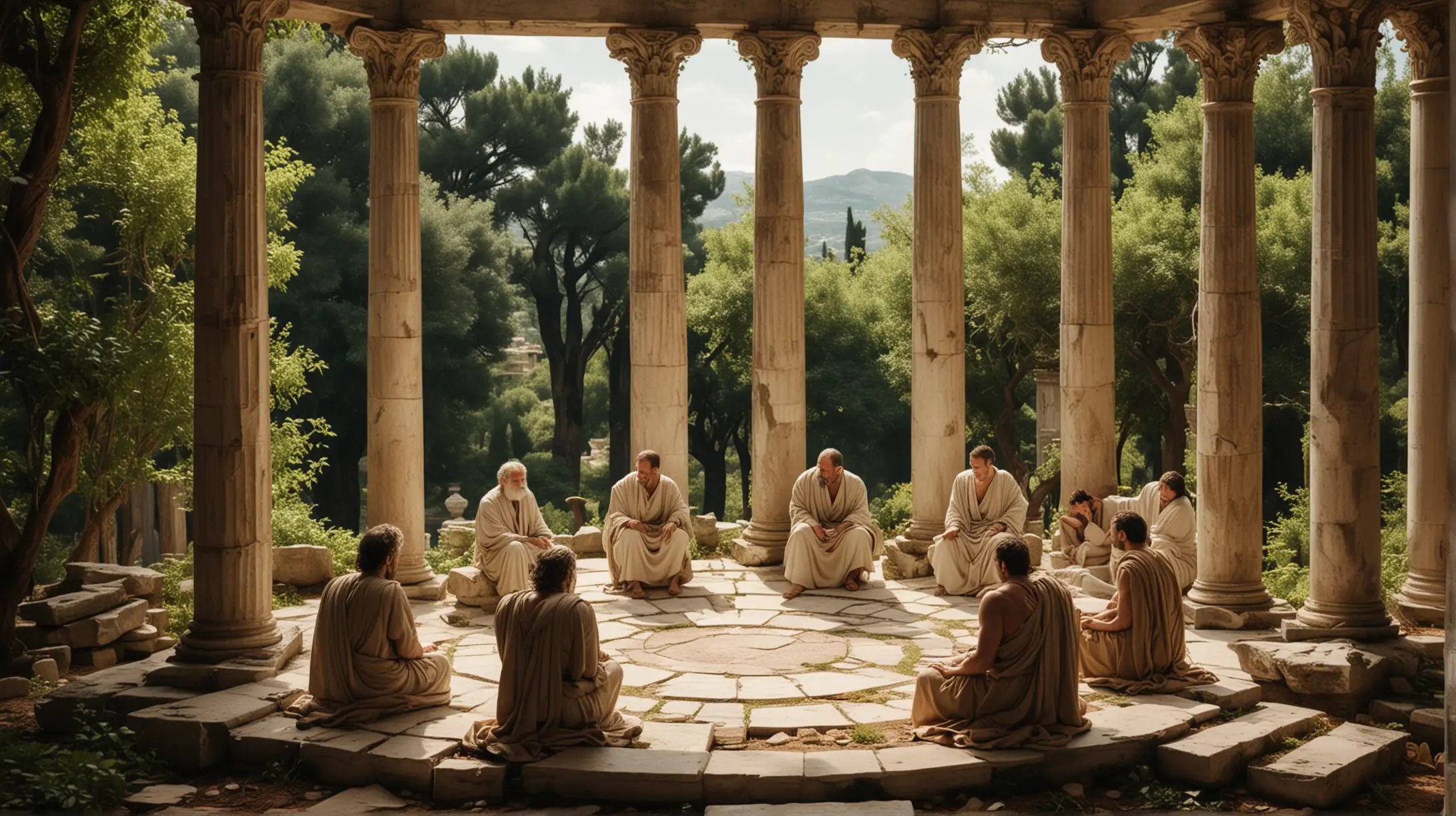 Visualization Prompt: Visualize a scene where a group of Stoic philosophers is engaged in deep contemplation, surrounded by ancient Greek architecture and lush greenery.
Image Description: In the center of the image, we see a gathering of Stoic philosophers seated in a circle, their expressions serene and focused. Behind them, towering marble columns rise into the sky, casting long shadows on the ground below. Vines climb the columns, adding a touch of natural beauty to the scene. The philosophers are dressed in simple robes, their lean and muscular builds indicative of their disciplined lifestyles. The air is filled with an aura of wisdom and tranquility as they discuss the importance of reason and logic in decision-making.