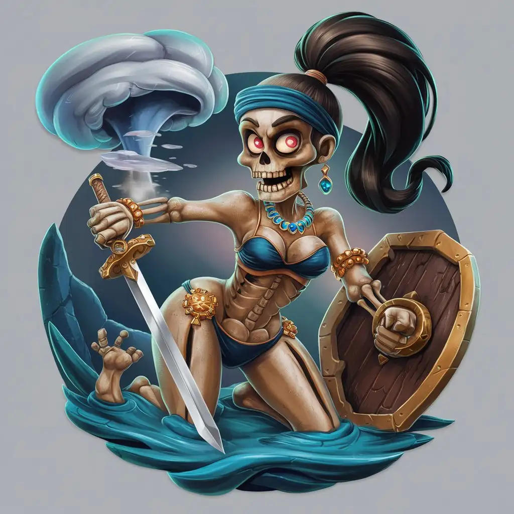 Love Woman Zombie Warrior, A whimsical cartoon skeleton confidently wields a sword and shield, ready for battle in a mystical realm.,  
in Funnel Cloud.
mocha Skin Tone, High Pony Headband hairstyle 
Swim wear, the woman's body parts such as chest, thigh, stomach, and abdomen are visible
IMPERIAL TOPAZ Jewelry,  Necklace, Rings and earrings.Black woman painterly smooth, extremely sharp detail, finely tuned, 8 k, ultra sharp focus, illustration, illustration, art by Ayami Kojima Beautiful Thick Sexy Black women 