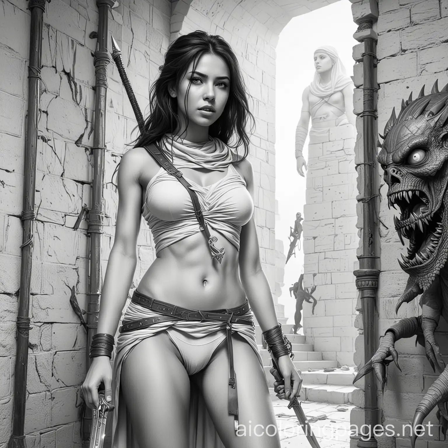 Captured-Assassin-Confronted-by-Monstrous-Guardian-in-Egypt-Line-Art-Coloring-Page