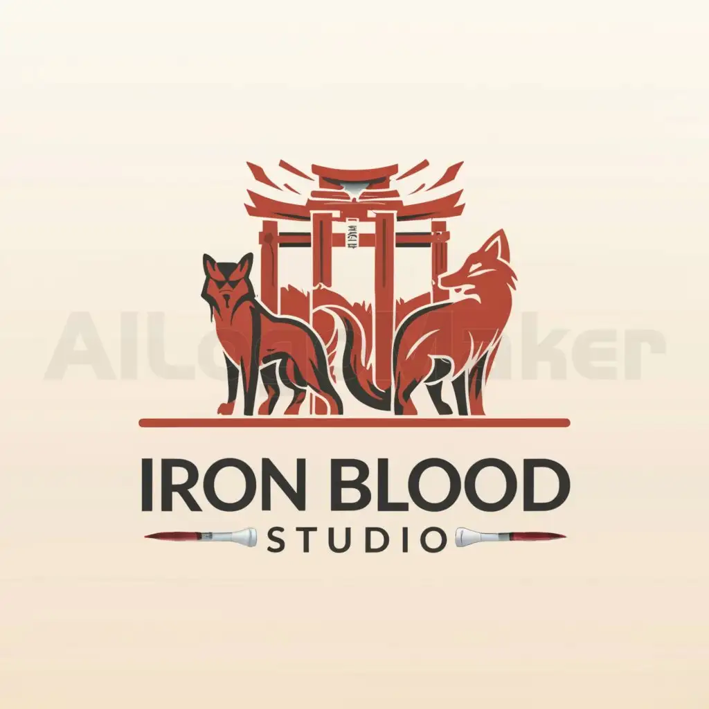 a logo design,with the text "Iron Blood Studio", main symbol:Wolf vs kitsune with a tori gate made of paintbrushes in background,Minimalistic,be used in Entertainment industry,clear background