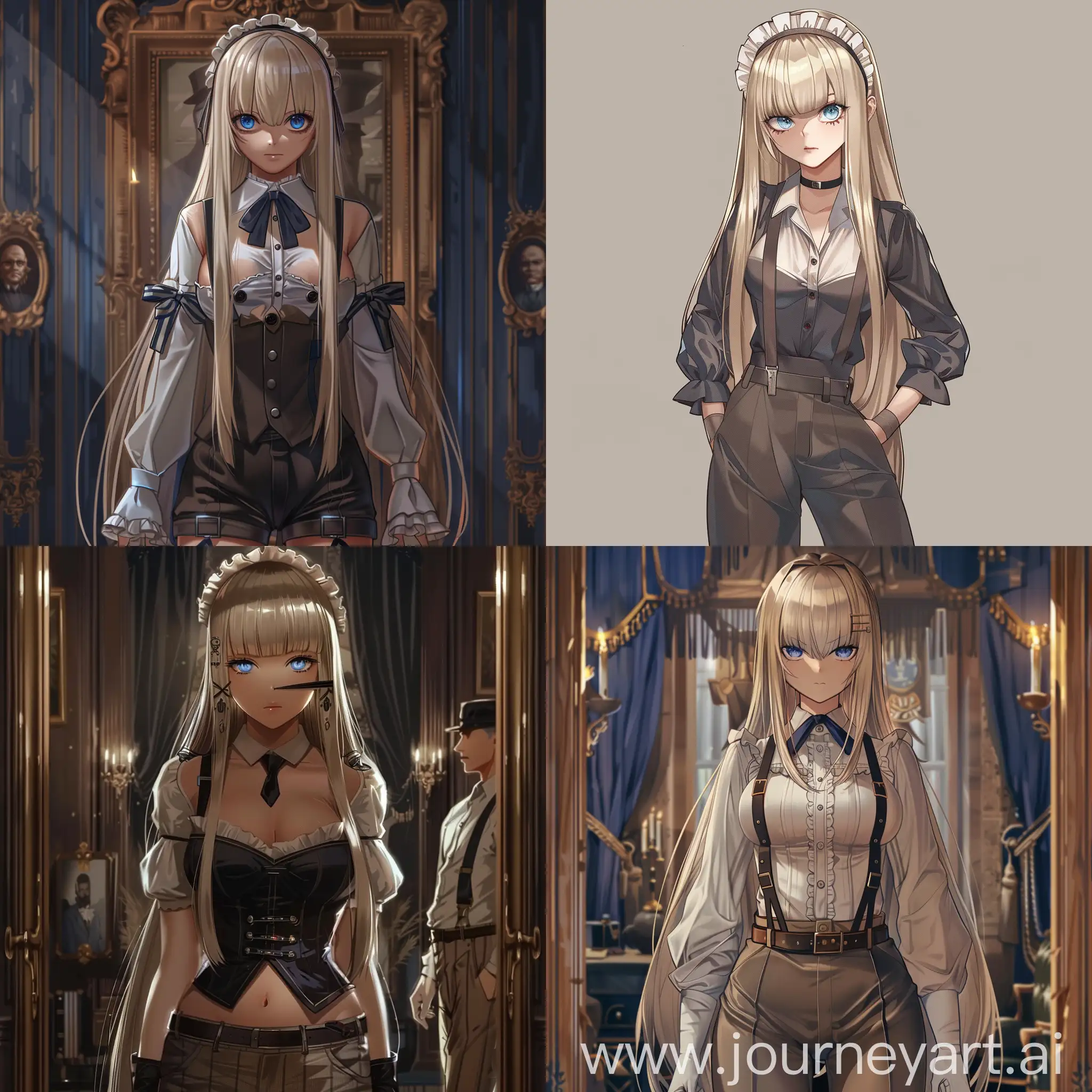 A beautiful, slender and chic-waisted blonde with long straight hair and bangs on her left eye in a maid costume with blue eyes, dressed in mafia clothes, trousers with suspenders, at the head of the mafia, anime  style, portraits art