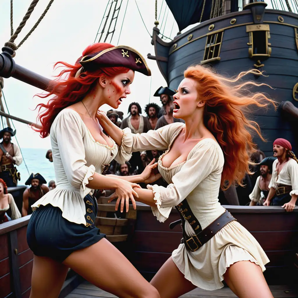 1963 film “Pirates,” there’s an intense, bloody  fight scene between two beautiful shapely women, zora and vida, that takes place on a pirate ship fighting on the ground,tangled hair. Zora is reaching for and grabbing Vida in the head. Pirates cheer