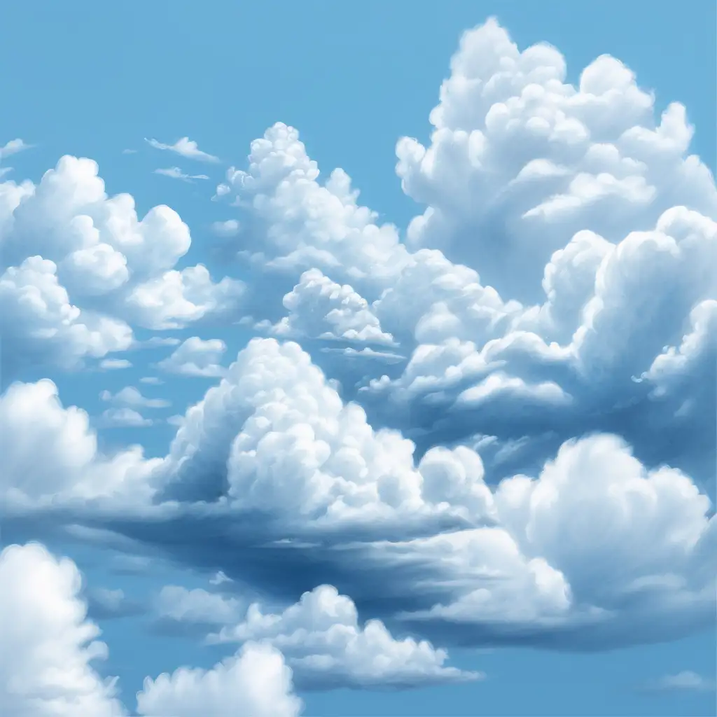 realistická ilustrace, modré  mraky plují po obloze,bílé pozadí