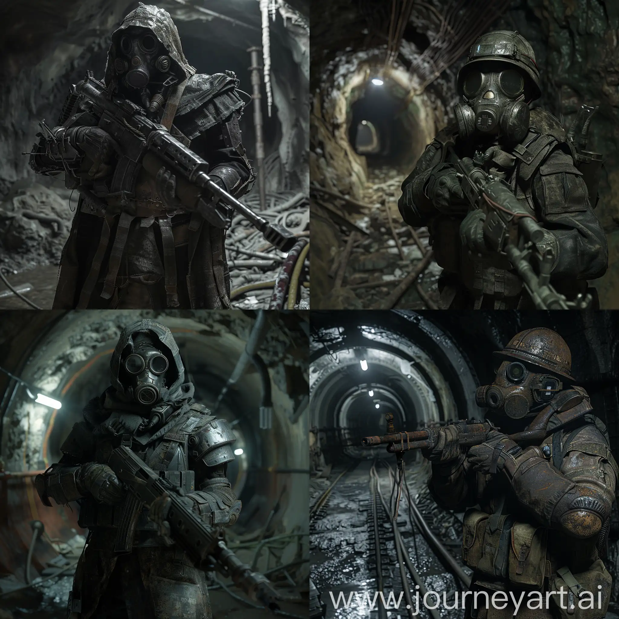 Metro 2033, survivor stand in post-apocalyptic  metal armor suit and gasmask in a dirty and abandoned catacombs, he hold an old Soviet sniper rifle with both hands, lack of light sources, darkness, despondency, tension.