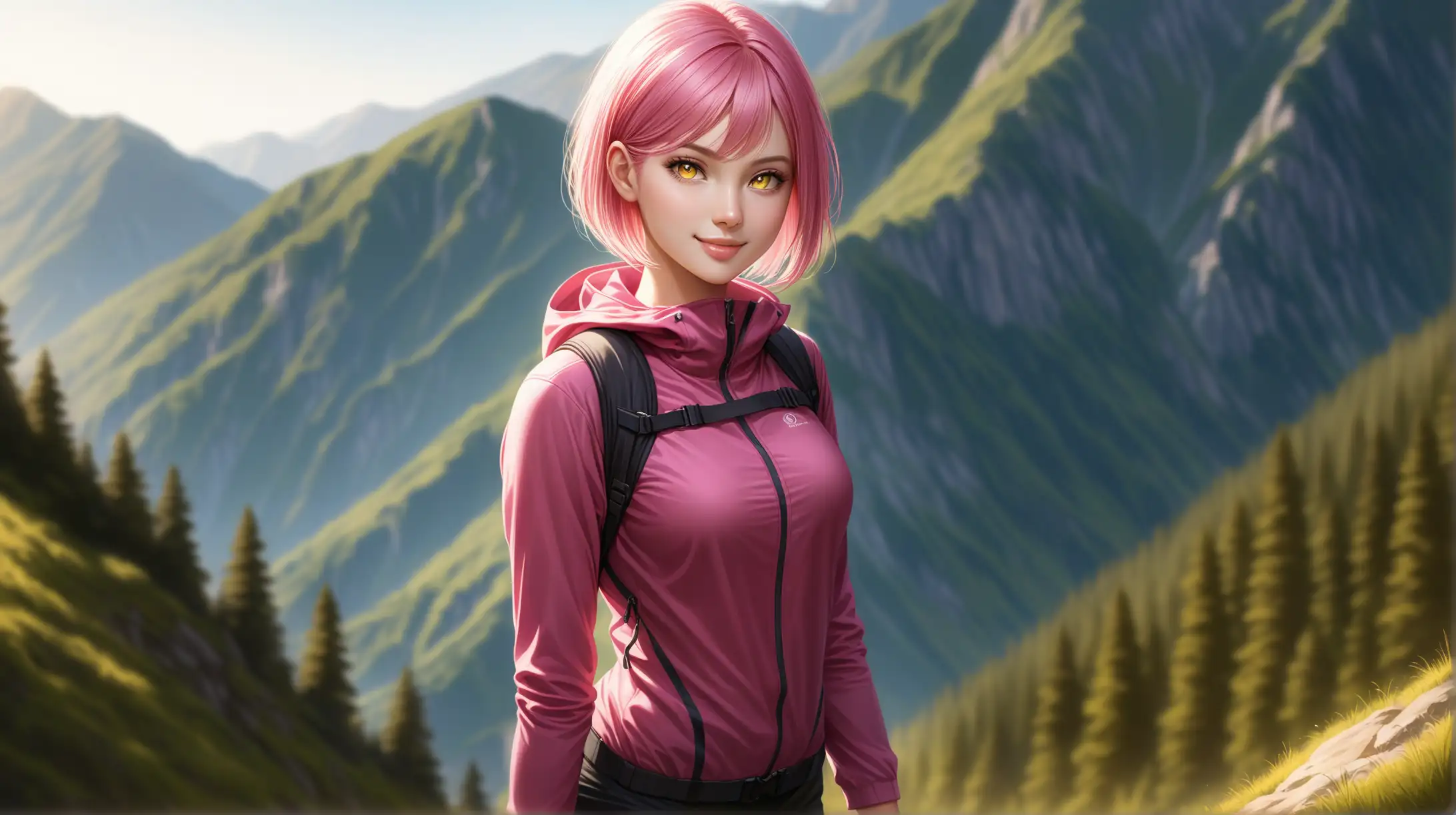 Draw a woman, short pink hair, yellow ringed eyes, slender figure, high quality, realistic, accurate, detailed, long shot, outdoors, dim lighting, hiking outfit, seductive pose, smiling toward viewer
