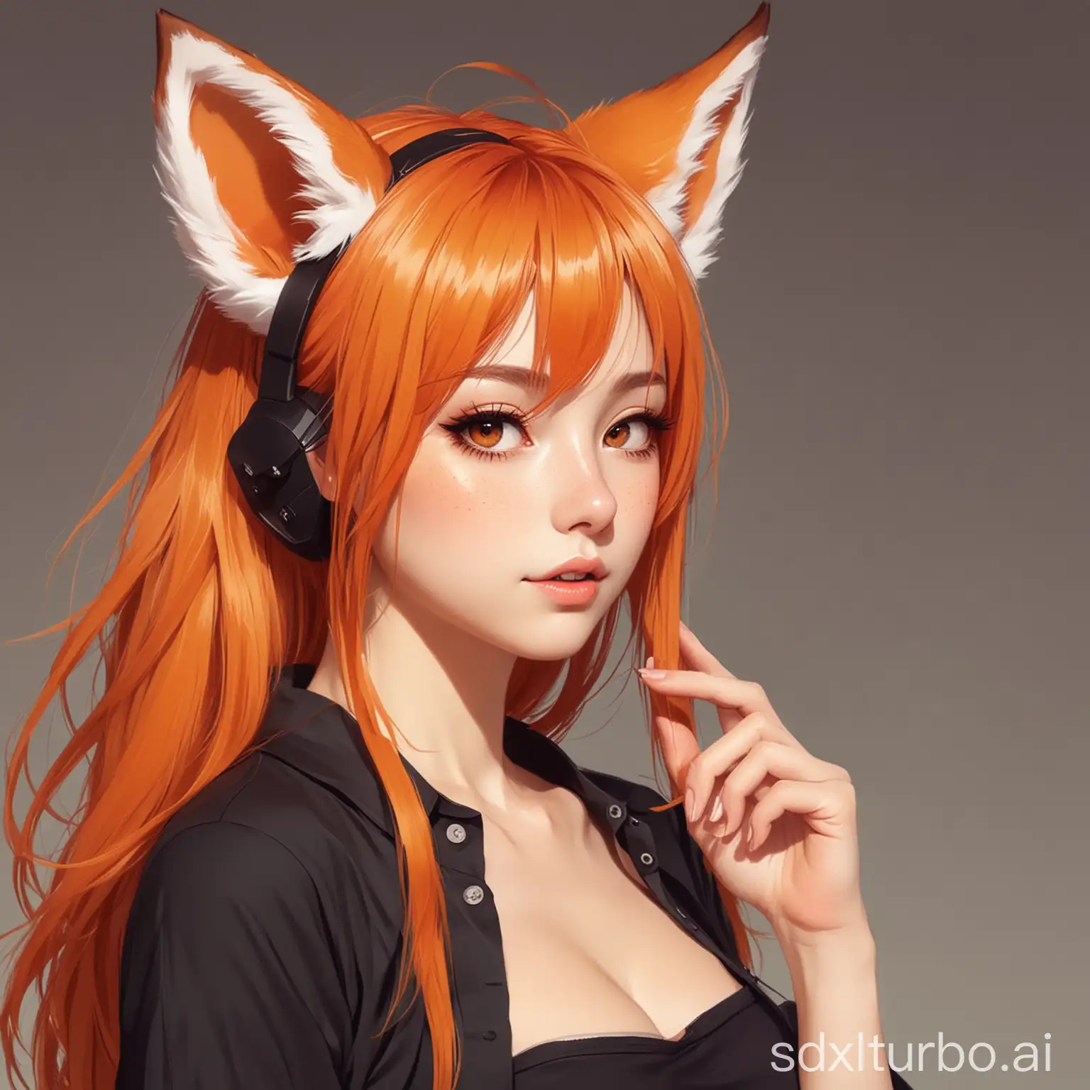 woman, art, fox ears, orange hair, anime
