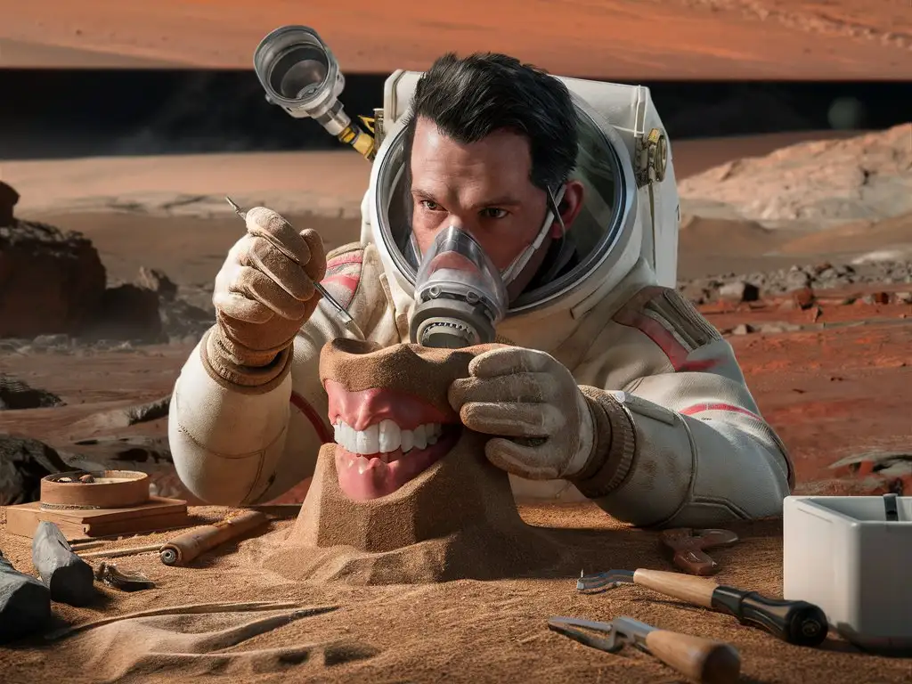 Man Designing Tooth by Sand in Mars Galaxy