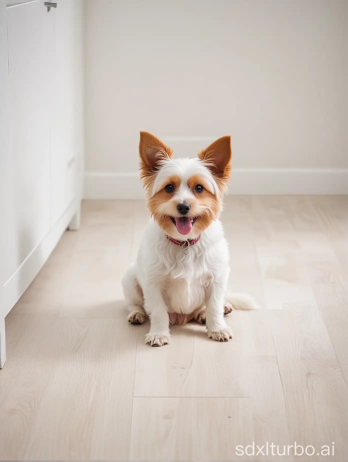 There is a happy little dog lying on the floor in a white-themed room.