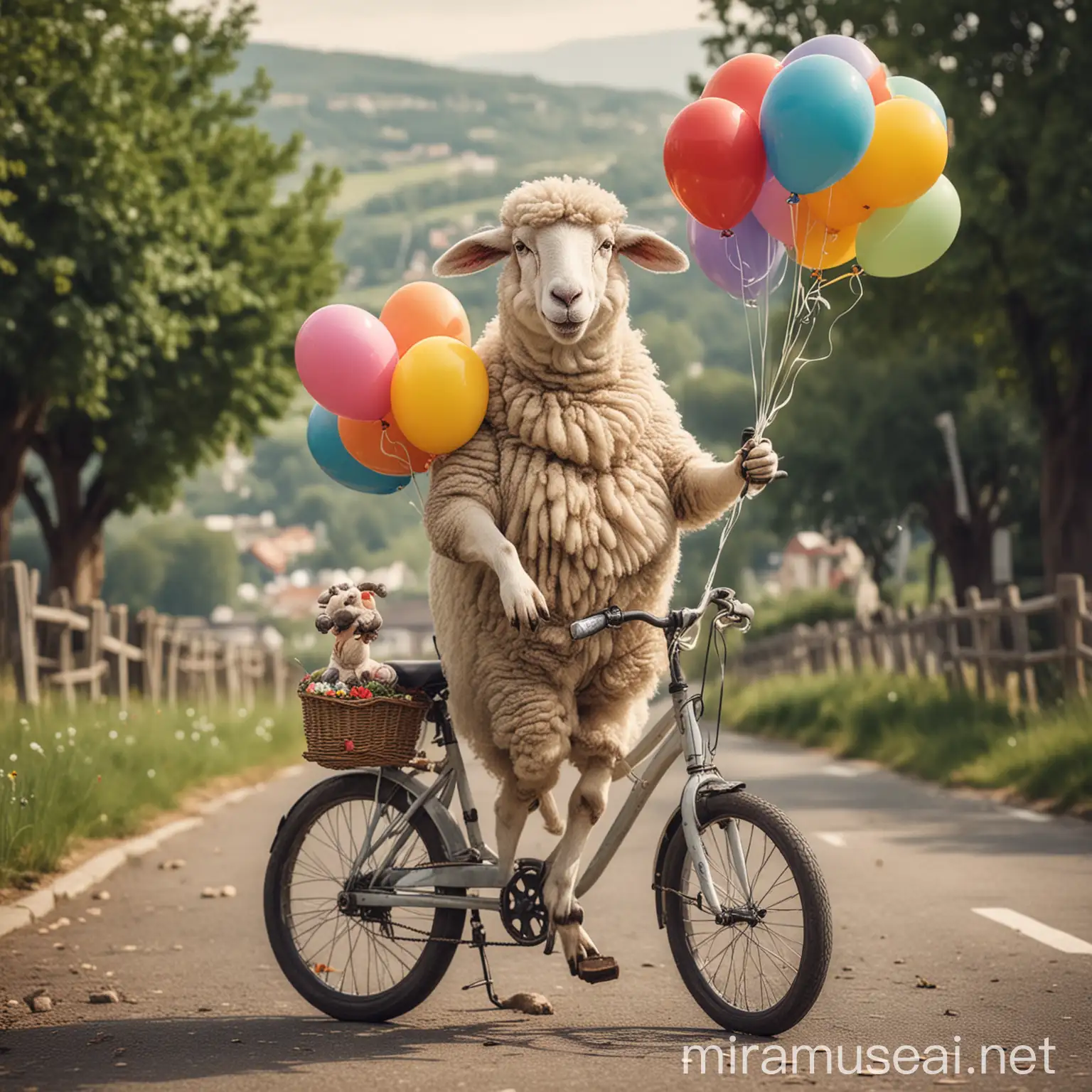 Smiling sheep riding a bike and holding a bunch of balloons