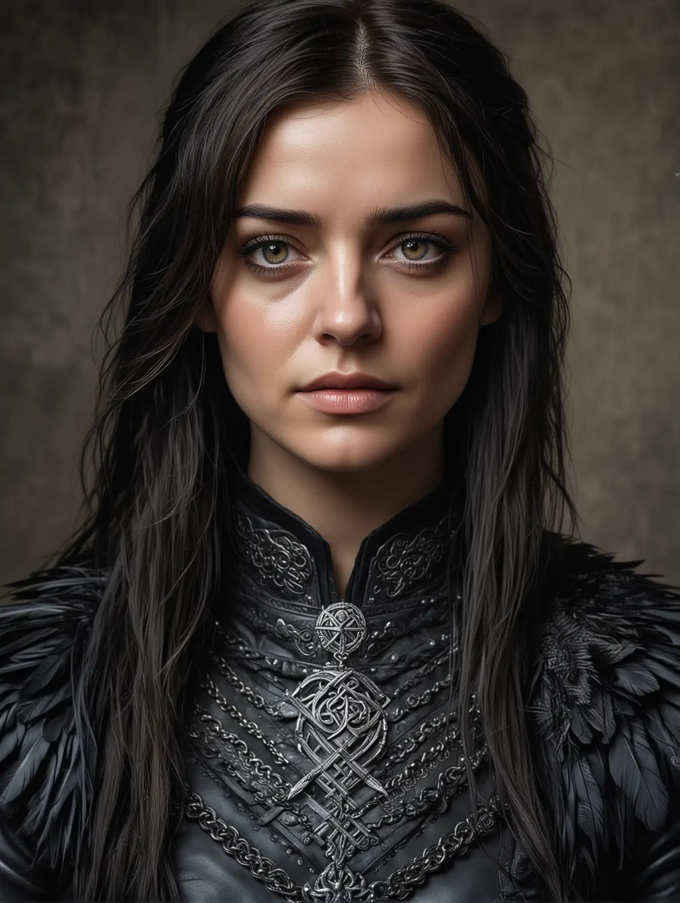 close up portrait of a mature 30 year old Arya Stark, game of thrones, detailed light grey eyes, long black hair, black feathers, black clothes and leather armour, tribal, celtic, necklaces, hyperrealistic painting inspired by lee jeffries, zbrush central contest winner, hyperrealism, steven mccurry portrait, photography alexey gurylev, alessio albi