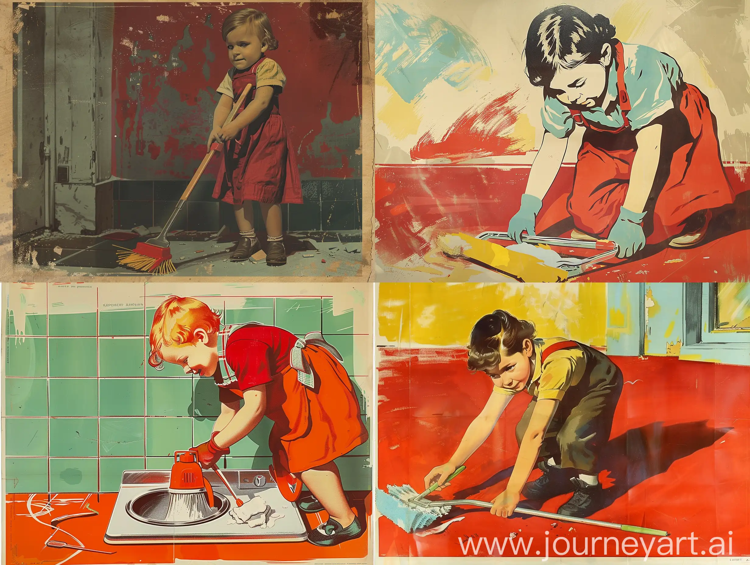 Ребенок занимающийся уборкой, в стиле советского плаката