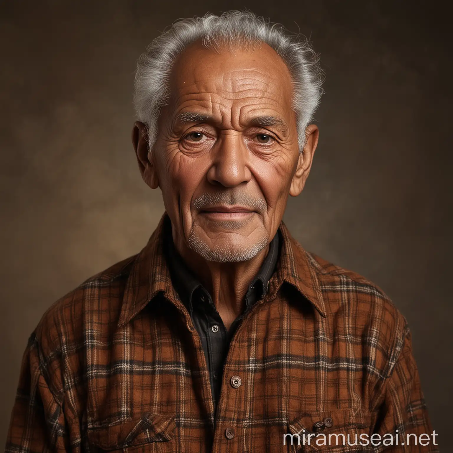 elderly and dark-skinned man dressed in brown flannel