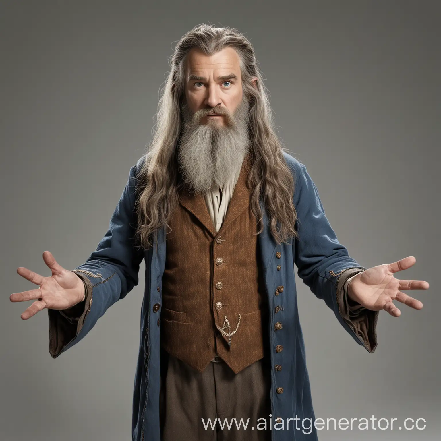 The good old magician, beard, long hair, white background, from the movie the Hobbit, full-length, T pose