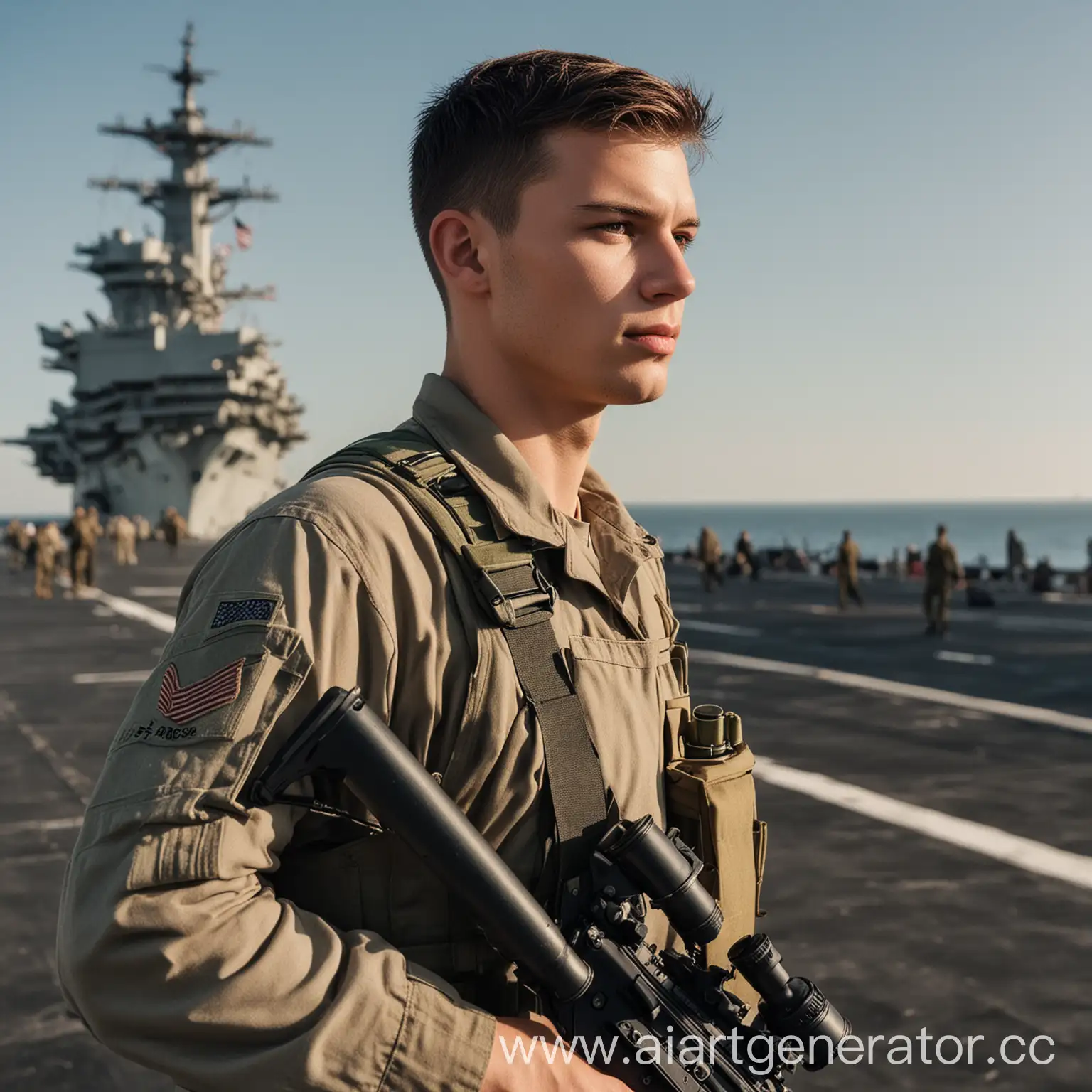 Young-Male-Soldier-Contemplating-Horizon-on-Aircraft-Carrier-Deck-with-M4-Rifle