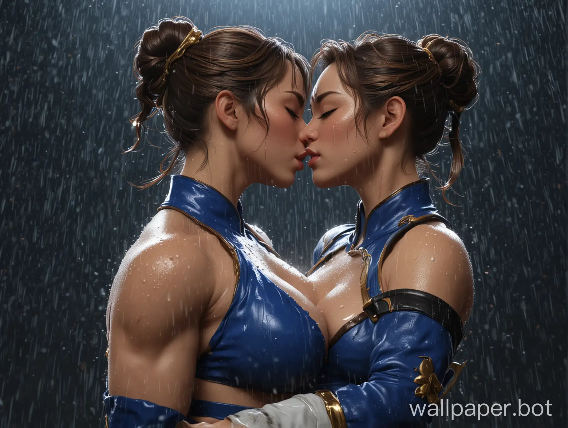 chun li kissing kasumi, large breasts, rain, dark background