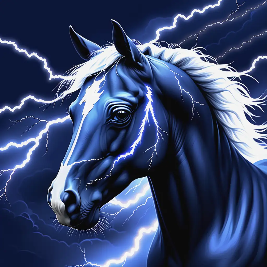 Majestic Navy Blue Horse Head Silhouette Against Electrifying Lightning Sky