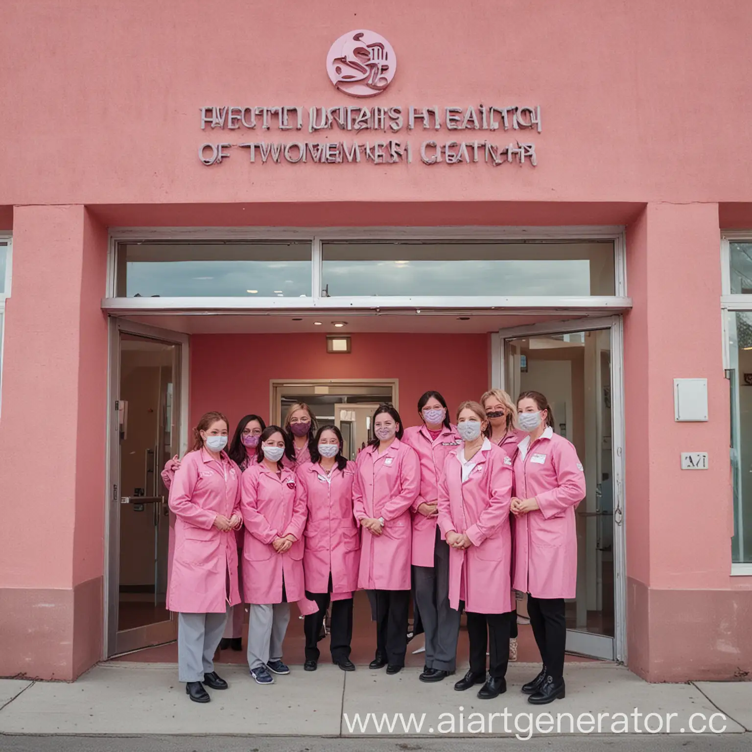 здание женского центра здоровья с его персоналом у входа, радостно улыбающимся. само здание, форма персонала и все вокруг розовое.